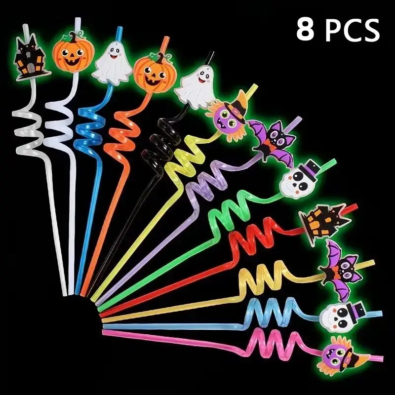 8-Pack Halloween Straws, Durable Reusable Pet Material, Bat Skull Pumpkin Spider Witch Design, Perfect for Birthday and Halloween Parties