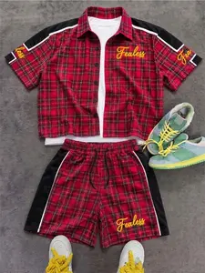 Men's Fealess Letter Plaid Patchwork Short Sleeve Shirt and Shorts Set, Stylish Two-Piece for Casual Wear, Comfortable and Trendy