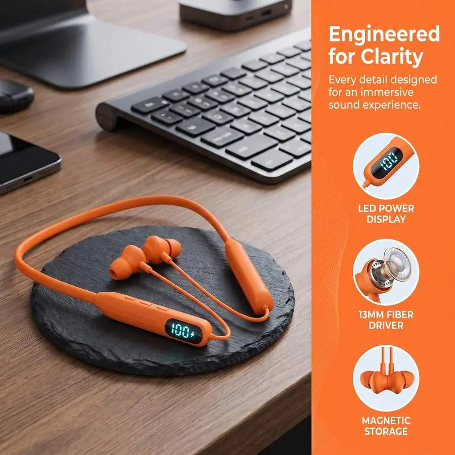 2026 New Arrival Orange Neckband Earbuds, LED Battery Display, 5.4, Active Noise Cancelling & Spatial Audio, 42H Playtime, Type-C Fast Charge, Ergonomic Silicone Neckband, Applicable To & Android, Birthday Men ULVC