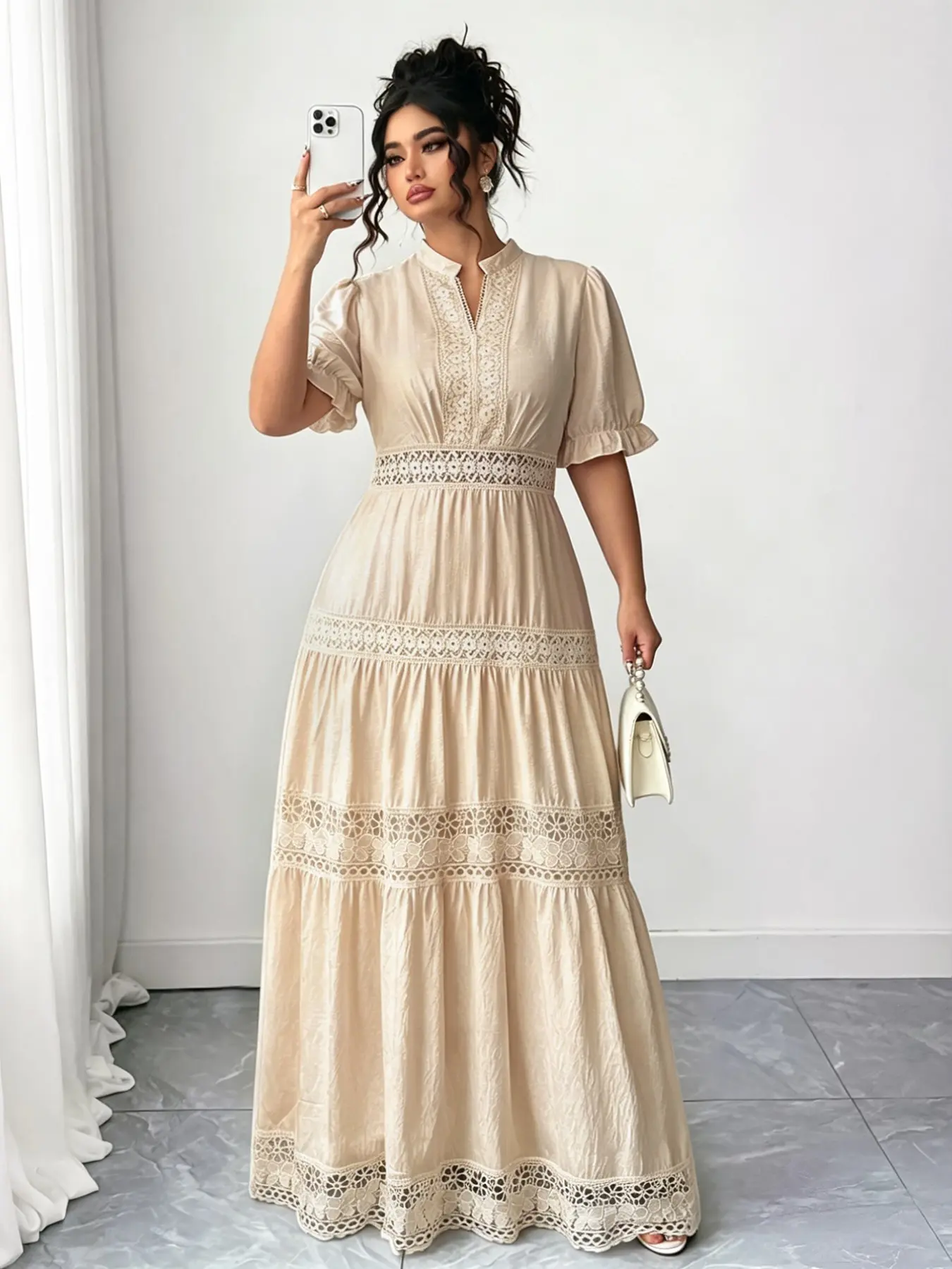 Plus Size Women's Stand Collar V Neck Bubble Short Sleeve Dress, Multi-Layer Lace Patchwork Waist Cinch Cake Long Skirt, Elegant Chic Vacation Date Wear