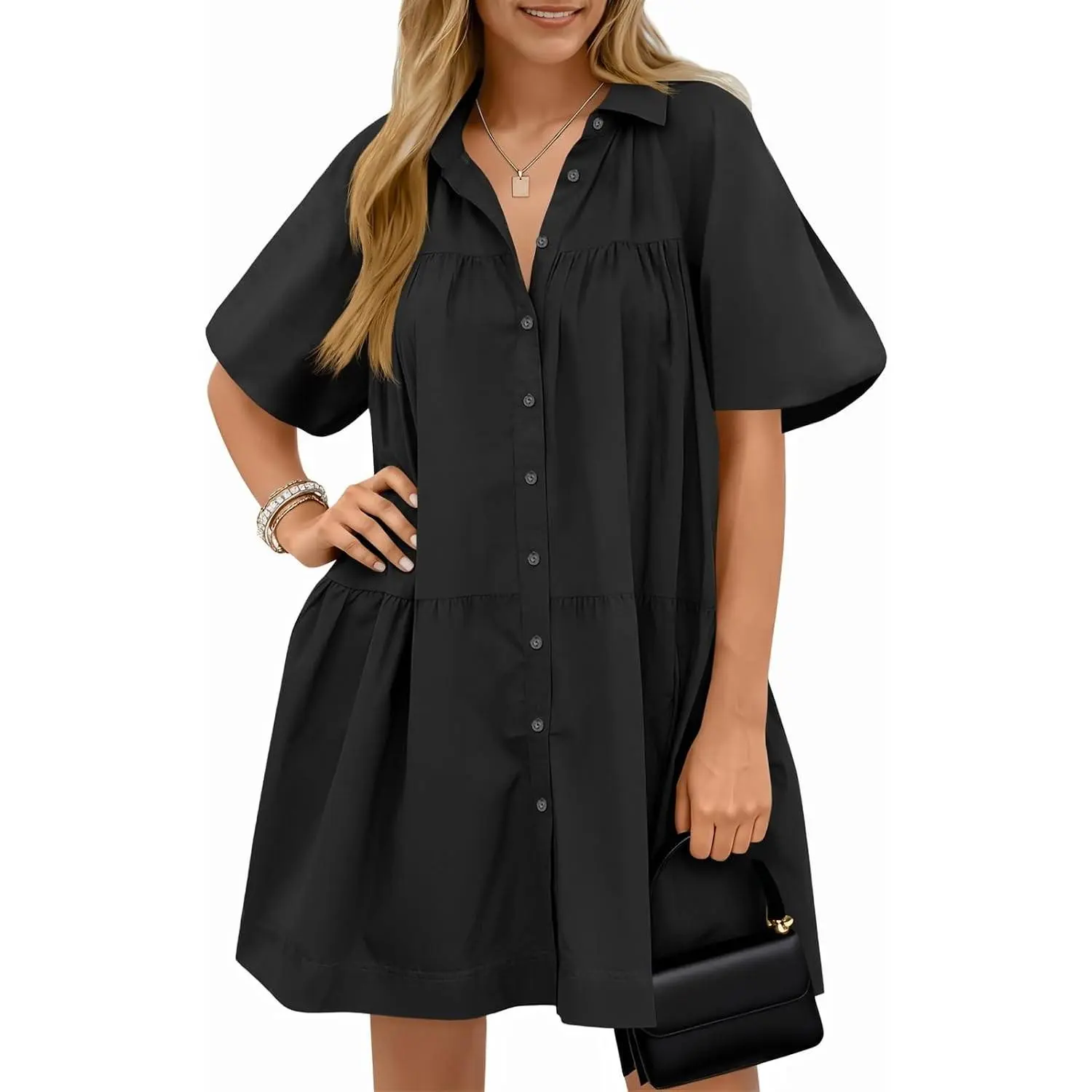 Women's Summer Button Down Shirt Dress Puff Short Sleeve Casual Loose Fit Flowy Beach Mini Dresses with Pockets