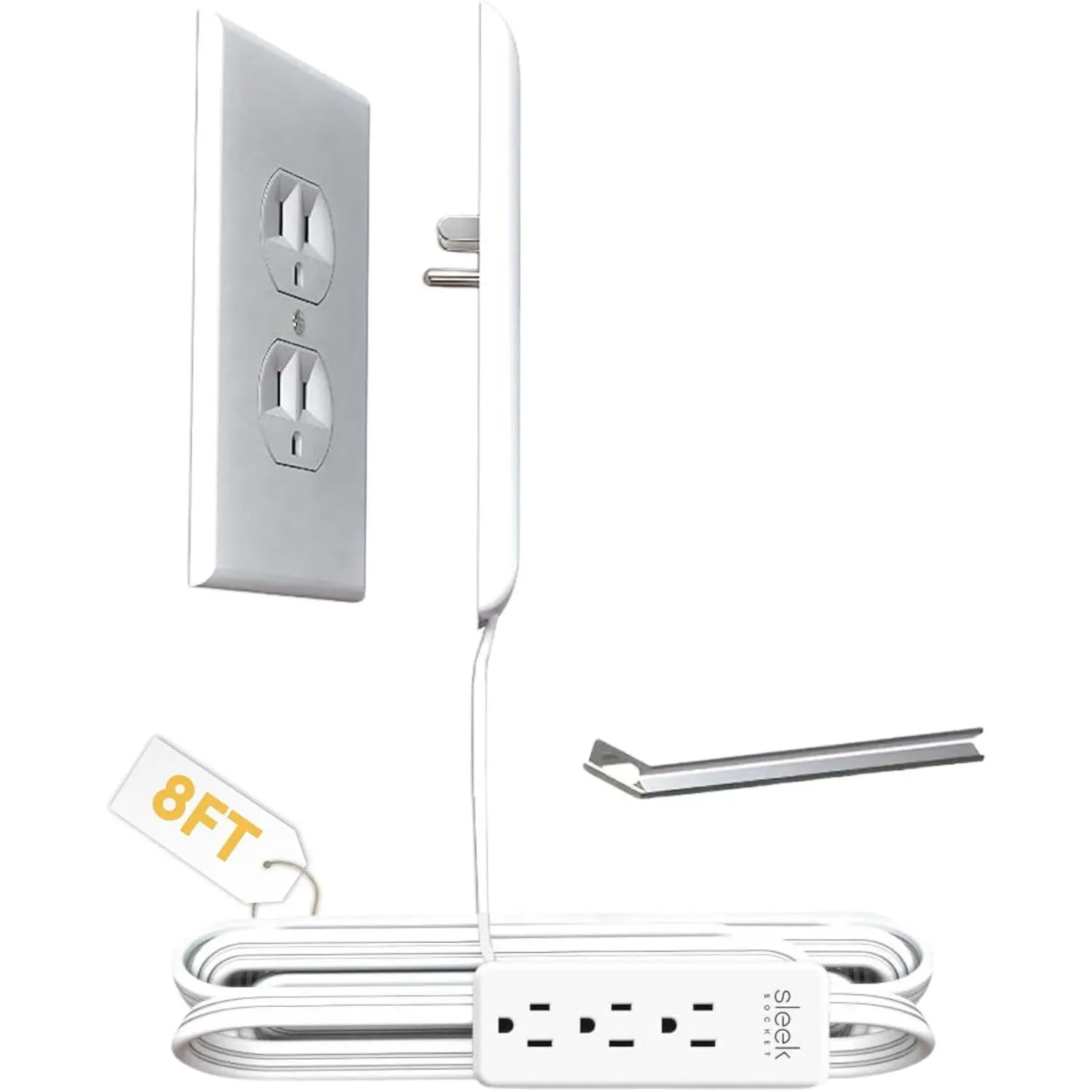 Sleek Original & Patented Pet Proofing Outlet & Plug Concealer with Protective Cord Clips, 8-Foot Flat Extension Cord with Multiple Outlets, Safeguard from Chewing Dangerous Cords