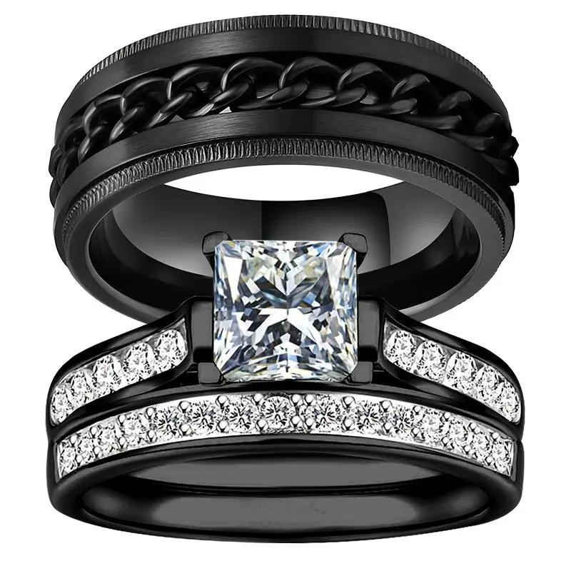 Women's Matching Sets, Black Stainless Steel Engagement Ring, Scratch Resistant, Hypoallergenic, Multi-Size Comfort Fit Wedding Bands for Couples