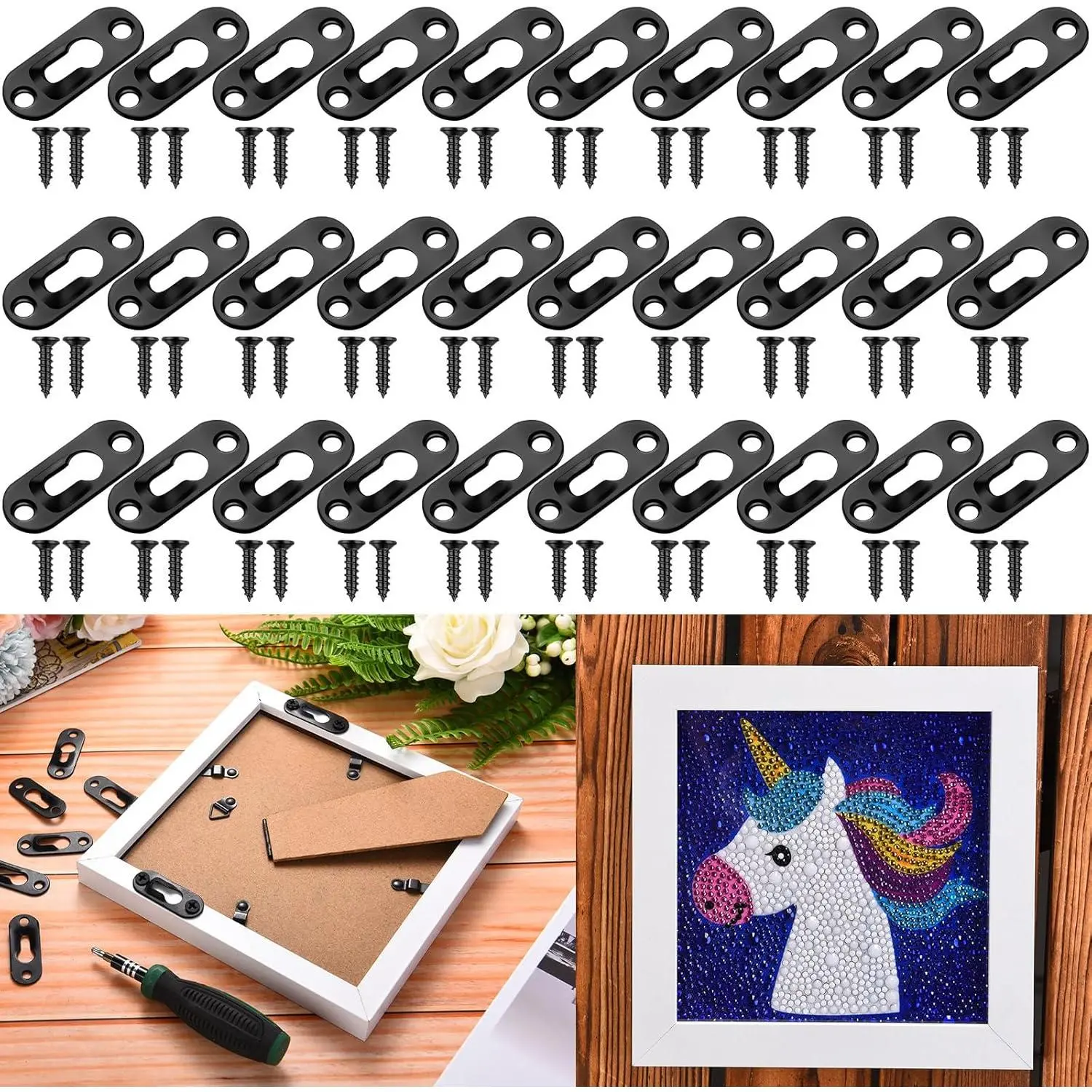 30 Pcs Single Keyhole Hangers Picture Hanger with 60 Pcs Screws Metal Keyhole Hanging Brackets Fasteners  Wall Mirror Picture Frames, 43 x 16 mm(Black)