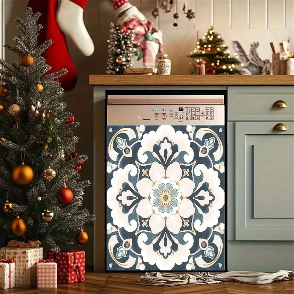 2D Flat 2Pcs Elegant Mandala Dishwasher Cover Navy Blue White Floral Pattern Victorian Style Art Decor Waterproof Kitchen Appliance Decorative Sticker Self-Adhesive Vinyl Film for Refrigerator Washing Machine Christmas Holiday Home Decoration