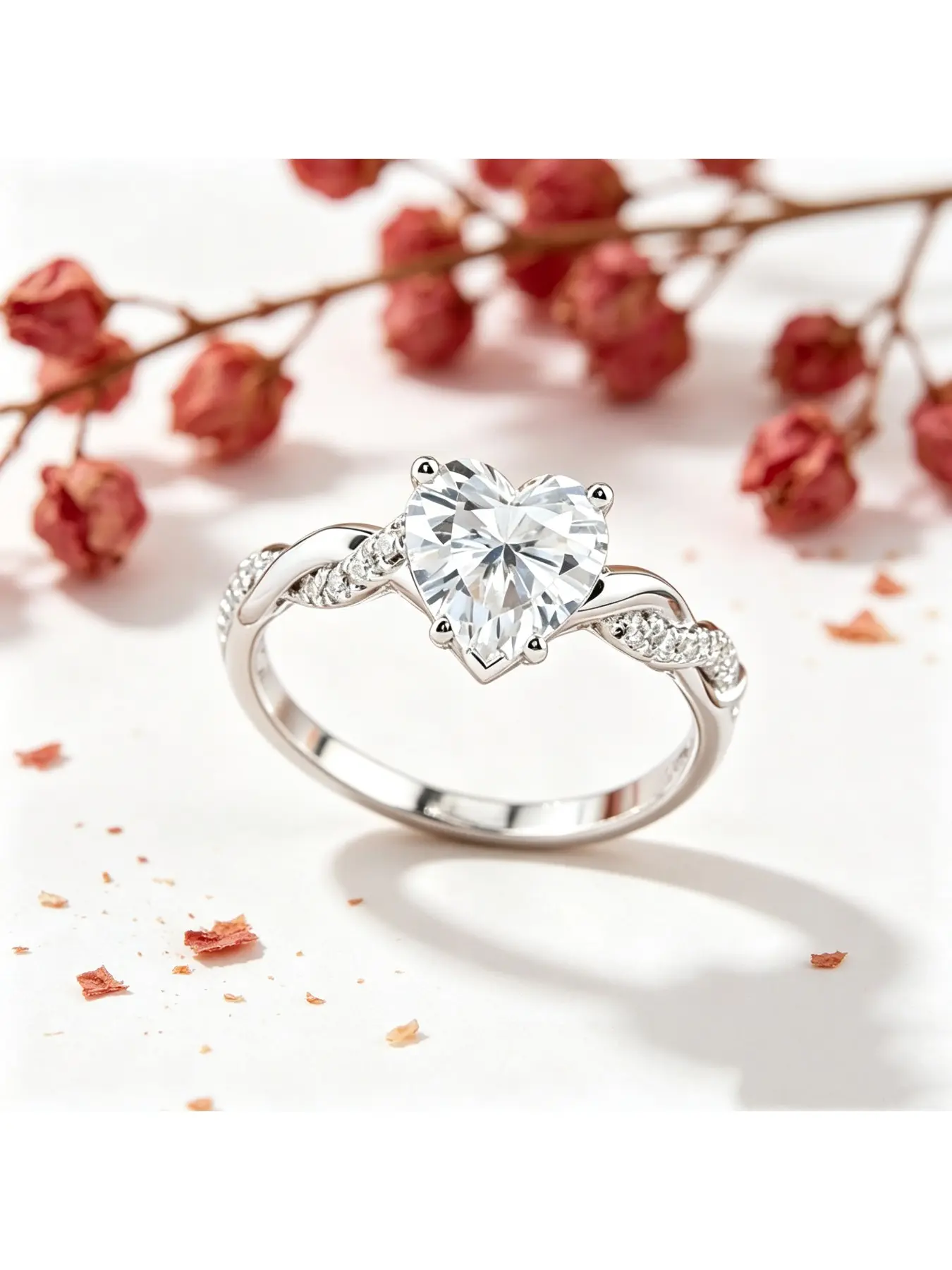 Heart Cut Center Twisted Pave Side Stone Silver Engagement Ring, Bridal Ring, Sweet Romantic Gift for Women, Intertwined Streamline Diamond Band for Everyday Wear, Great for Valentine Dates, Christmas Dinners and Love Proposal Occasions