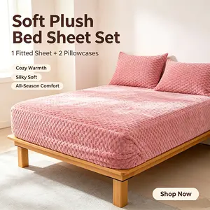 Gentle Embossed Grid Plush Fitted Sheet Set, Ultra Soft Warm Textured Bedding With Two Pillowcases, 360 Elastic No Sliding Mattress Cover, Viral Comfort Bed Linen For Autumn And Winter Indoor Rest