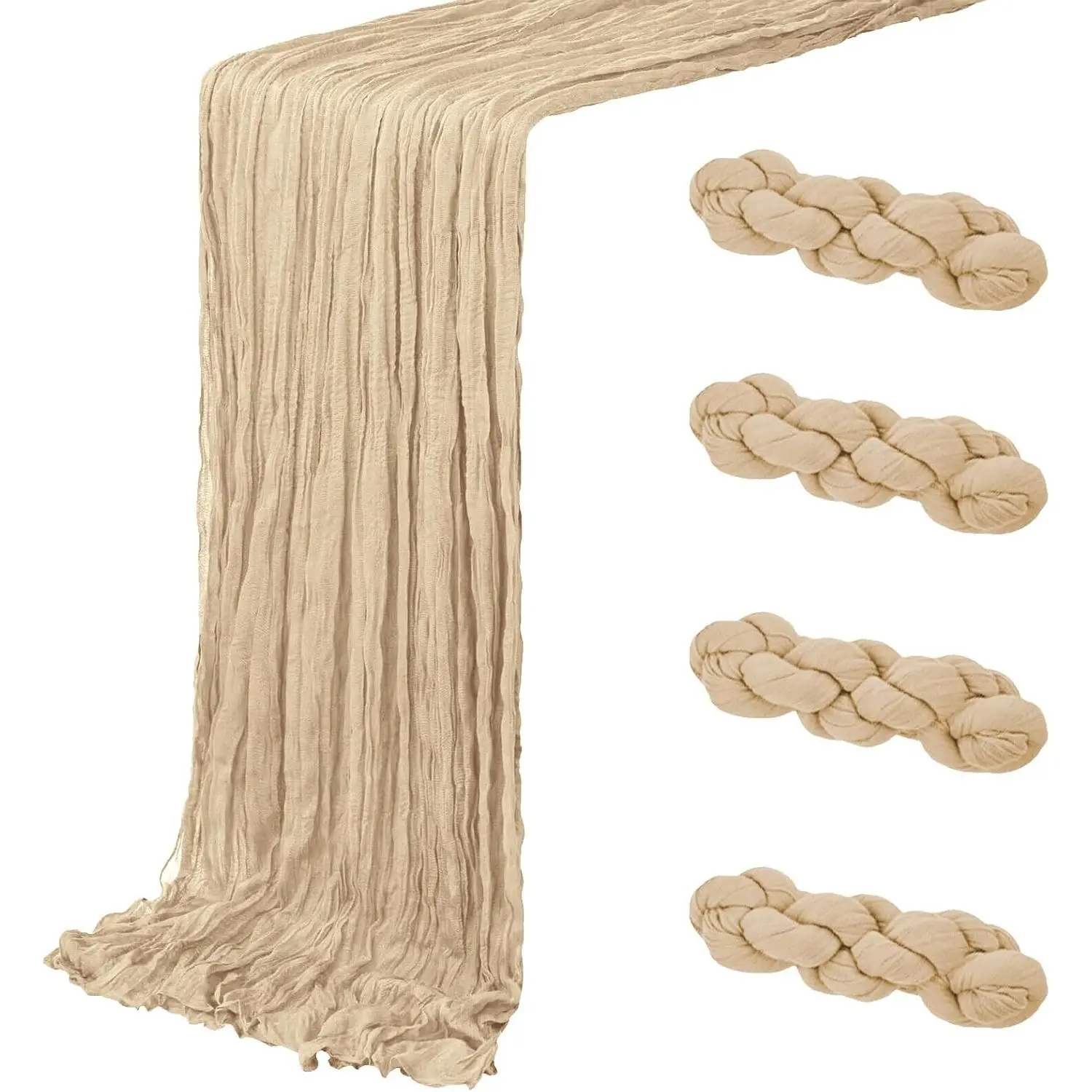 4 Pack Beige Cheesecloth Table Runner 20 x 120 inch Gauze Table Runners 10 FT Long,Semi Sheer Boho Cheese Cloth Fabric Table Runner Bulk for Party,Wedding,Baby Shower,Bridal Shower Decoration