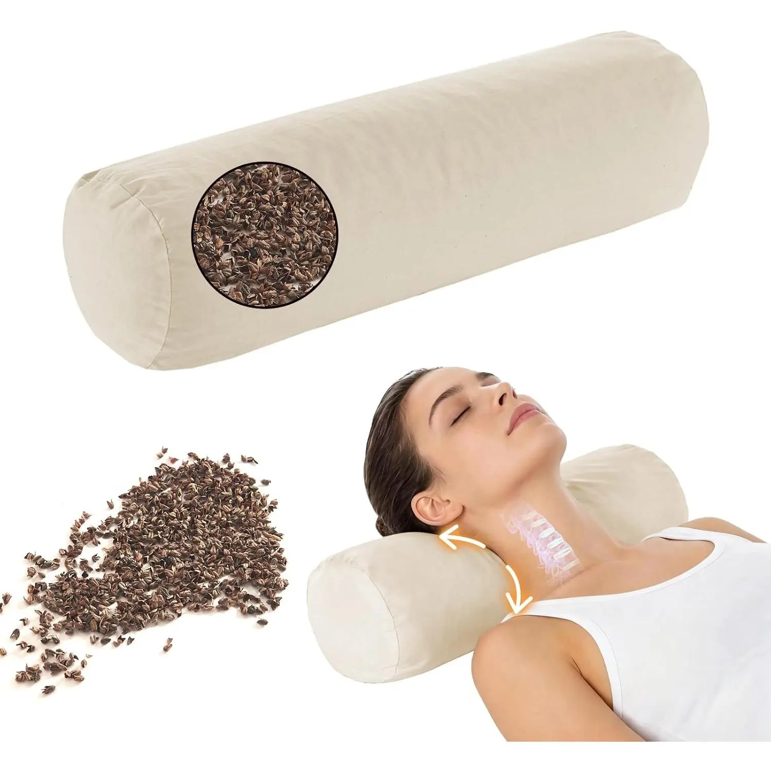 Adjustable Buckwheat Neck Pillow (17x6) - Cylinder Bolster Neck Roll Pillow with Organic Pillowcase, Provides Firm Support for Side and Back Sleepers