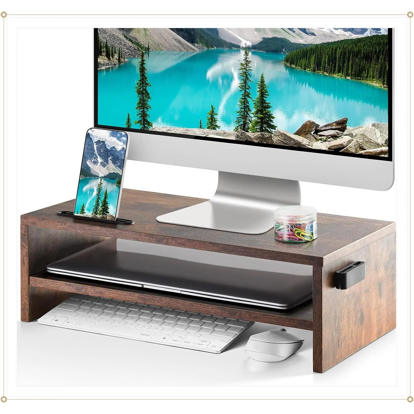 Vintage Wood Monitor Stand Riser, 2 Tier Computer Printer Shelf Stand, Desktop Laptop Screen Storage Organizer with Phone Holder and Cable ManagementGift