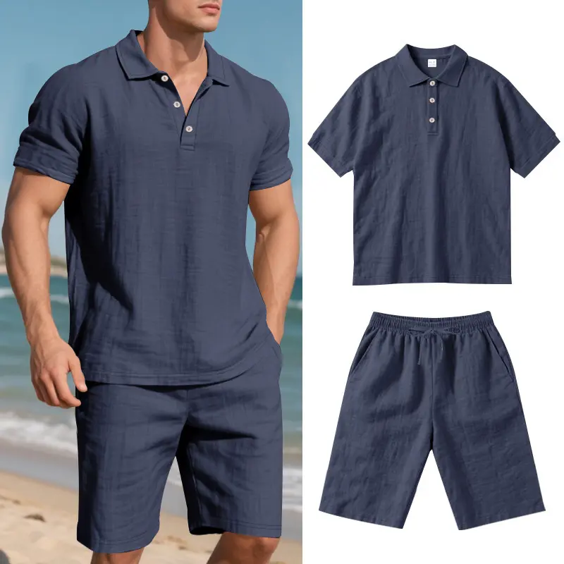 Men's 2-Piece Knitting Linen Match Set - Loose-Fitting Short-Sleeve Polo Shirt, Beach Shorts, Breathable Polyester, Button Design, Machine Wash, Casual Wear