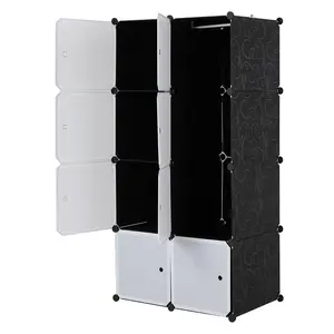8-Cube Stackable Plastic Closet Storage Organizer - Adjustable Metal Hanging Rod, White Doors, Black Panels, Environmental Protection Modular Extendable Wardrobe Cabinet for Kids Room, Entryway
