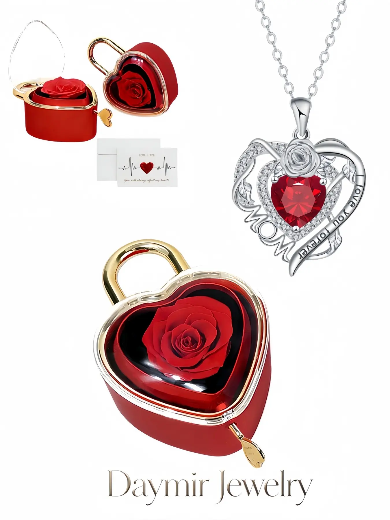 "Rose Heart Eternal Mom" Original heart rose necklace with 12 birthstones. Comes with heart-shaped simulated preserved rose jewelry box. A lovely gift for women on birthdays, Mother's Day, Valentine's Day, Christmas and anniversaries.