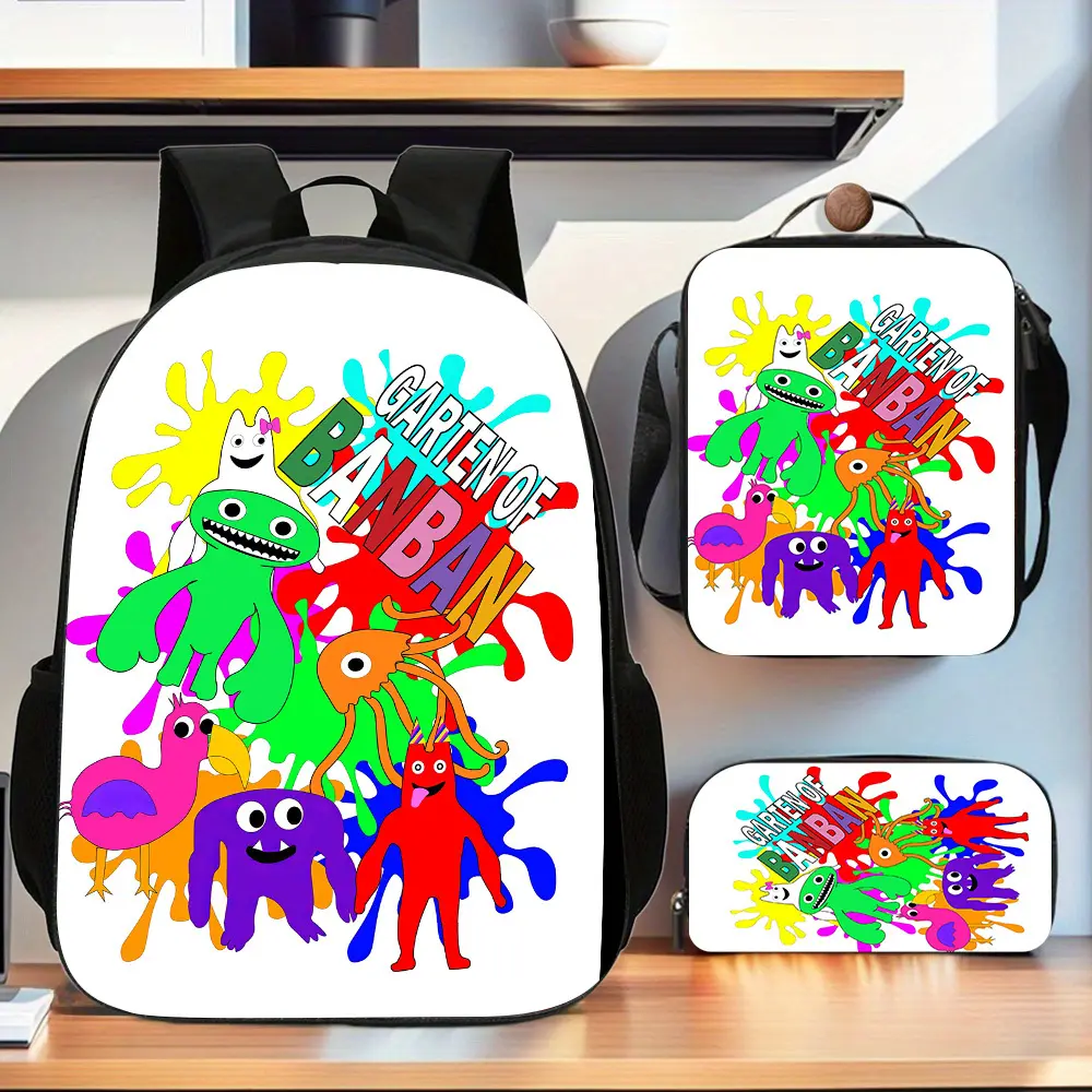 Banban Garden Ink Splash Graffiti Monster Backpack Three-Piece Set: Lightweight Oxford Backpack with Lunch Bag and Stationery Storage Bag, Suitable for Daily Campus Life