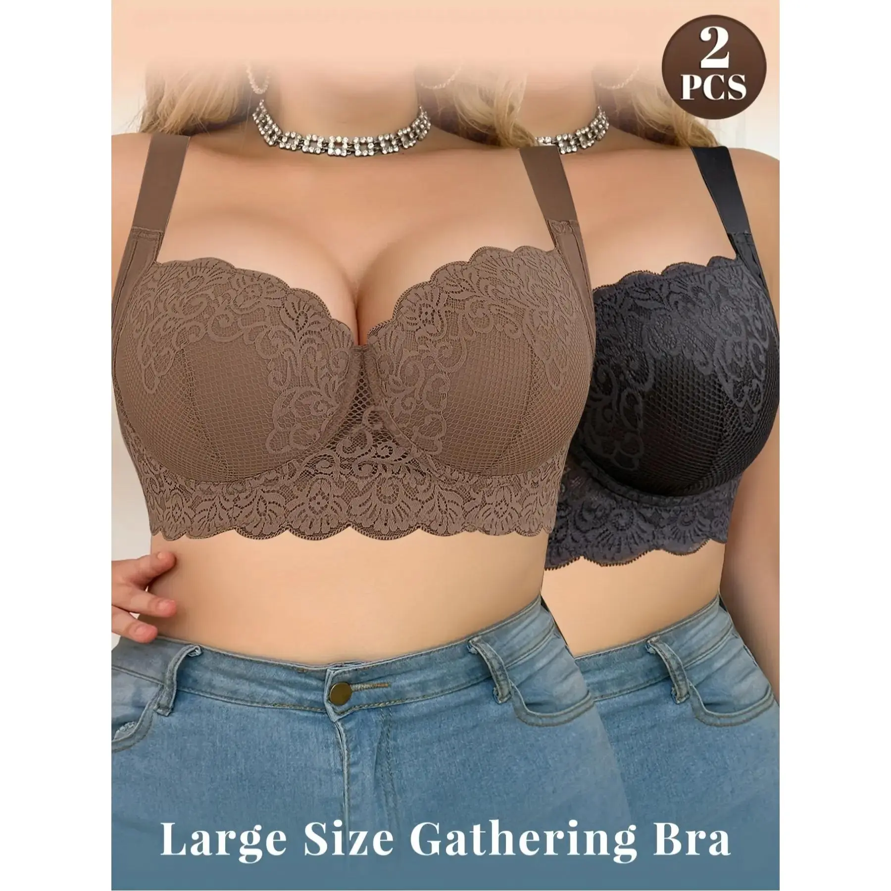 Women's Plus Size Underwear, Full Coverage Push-Up Bra, Large Size Gathering Bra, Comfortable Medium Support Steel Ring, Casual Daily Wear, All Seasons