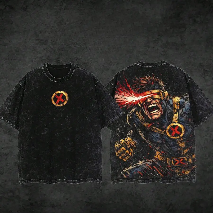 Men's Cotton Fabric Retro Casual Round Neck Graphic Tee Top - Unisex Oversized Loose Short-Sleeve Menswear, Vintage Washed Black, Double-Sided Laser Eye Super Fighter Comic Print, Breathable for Outdoor Daily Wear
