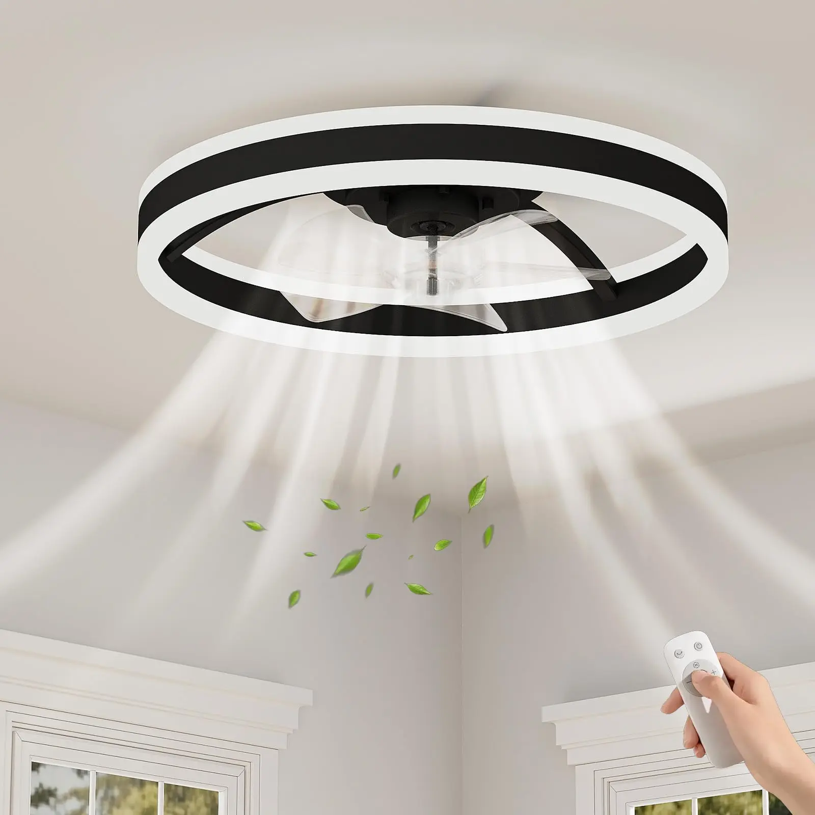 Caged Fandelier Ceiling Fan with Light & Remote, 20" Low Profile Flush Mount, LED 10%-complete Dimmable, Small Ceiling Fan Light for Bedroom