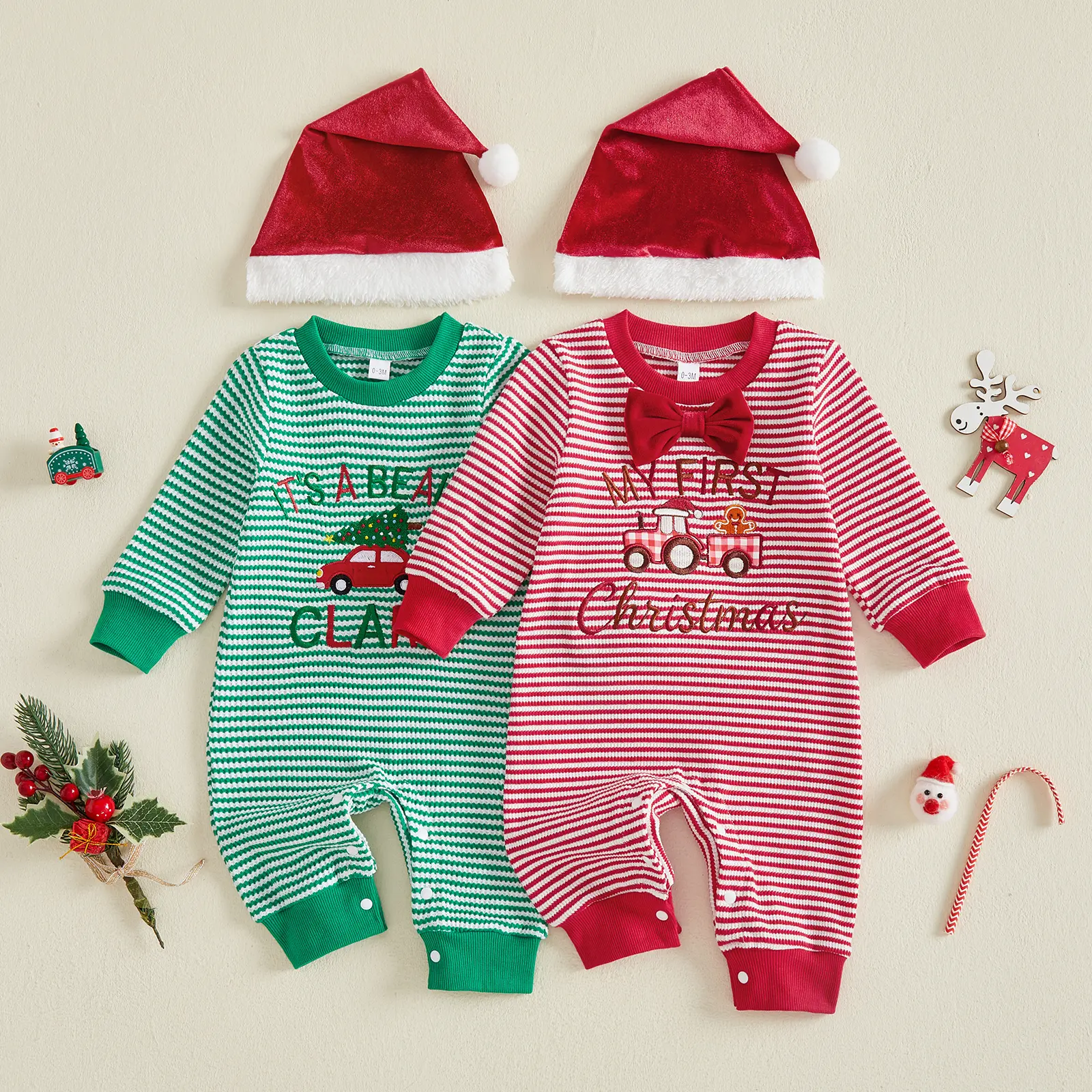 Infant Baby Boy Christmas Outfit Striped Waffle Knit Long Sleeve Romper and Santa Hat Set Fall Winter 0-18 Months