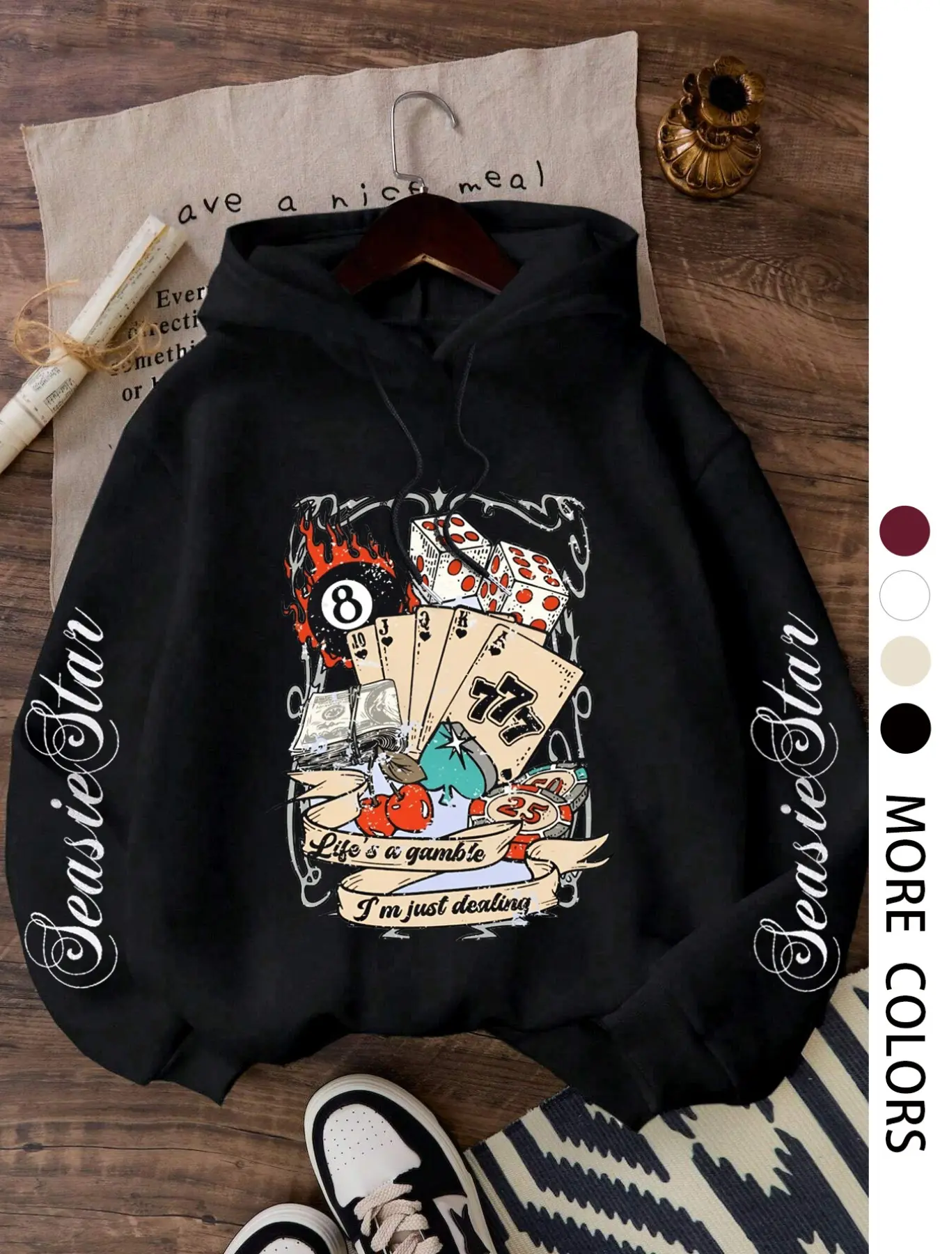 Poker & Dice Pattern Hoodie with Letter Print Sleeves, Comfortable Casual Style, Easy to Pair with Any, Must-Have Closet Addition