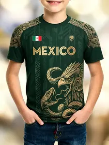 Aztec Eagle Snake Totem Boys' Quick-Dry Short Sleeve T-Shirt, Mexican Patriotic Ethnic Style, Loose-Fit Long Clothing, Casual Wear