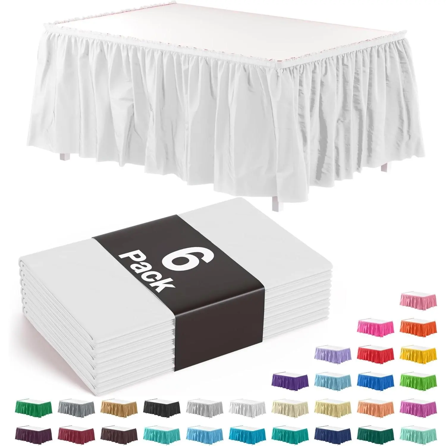 Exquisite White Table Skirt 6 Pack - Disposable Plastic Table Skirts for Rectangle Tables 6ft 8ft & Round Tables - 29in x 14ft Self-Adhesive Strip - Birthday Wedding Gender Reveal Decor