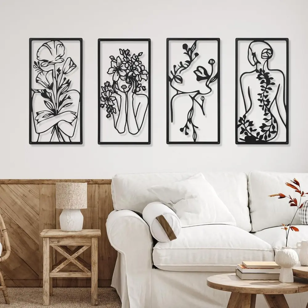 4 Pcs Metal Wall Art Decor Minimalist Abstract Woman Wall Art Line Drawing metal line art Modern Minimalist Design Home Hanging Art Decor for Bedroom Kitchen Bathroom Living Room(Fresh, Black)