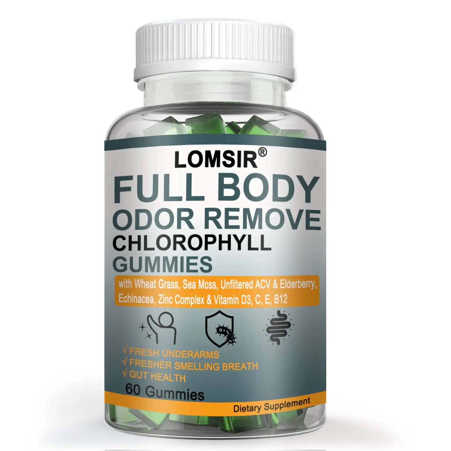Body Deodorizing Supplement - Chlorophyll Gummies with Wheat Grass, Sea Moss, Zinc Complex & Vitamin D3, C, E, B12 and More for Body Odor, Fresh Breath & Gut Health, 60 Gummies