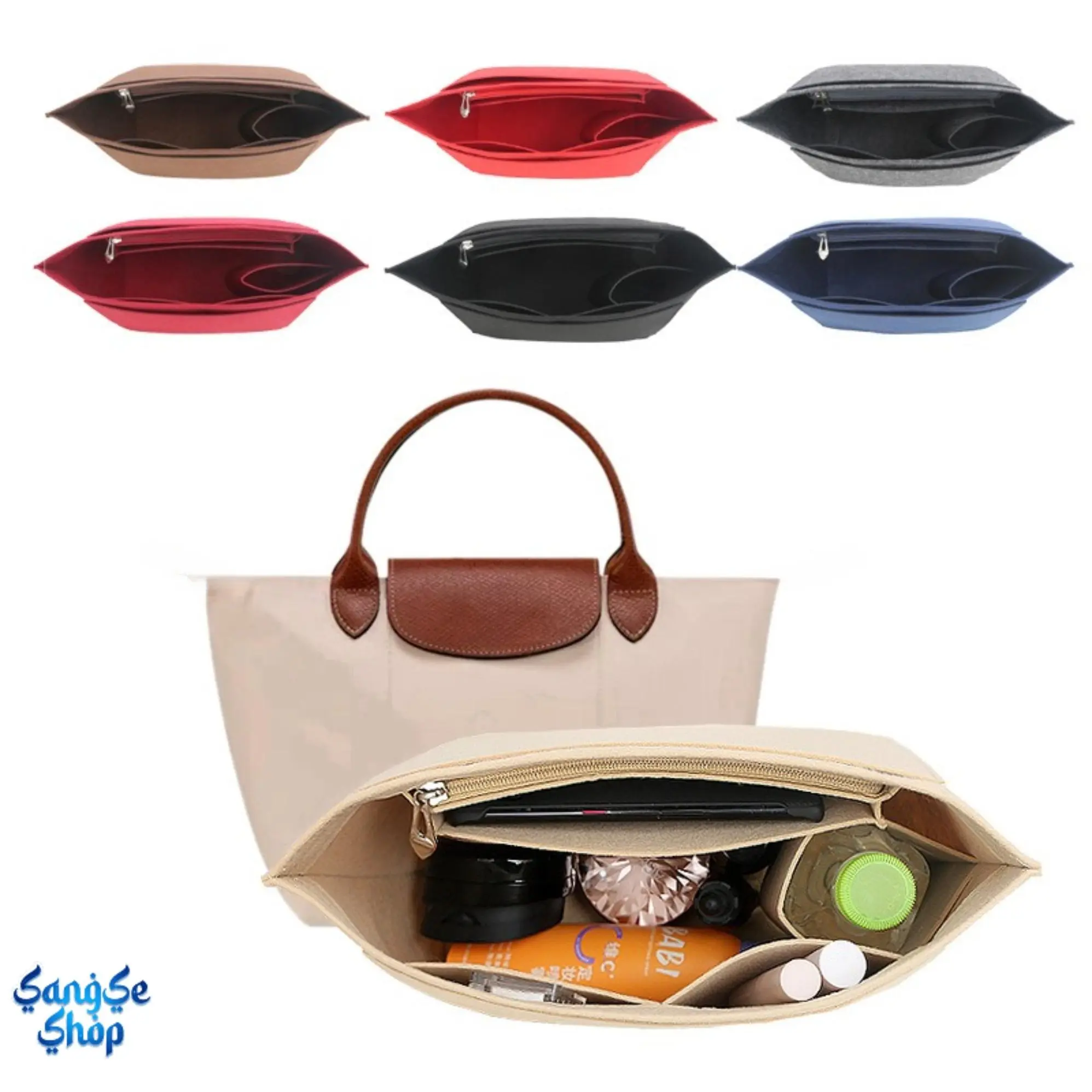 Women's Multi-Pocket Felt Bag Organizer Insert - Lightweight Handbag Purse Storage Pouch for Cosmetic & Daily Essentials with Free Brooch Pin Charm, Bag Organizer Pouches, Multifunctional Organizer