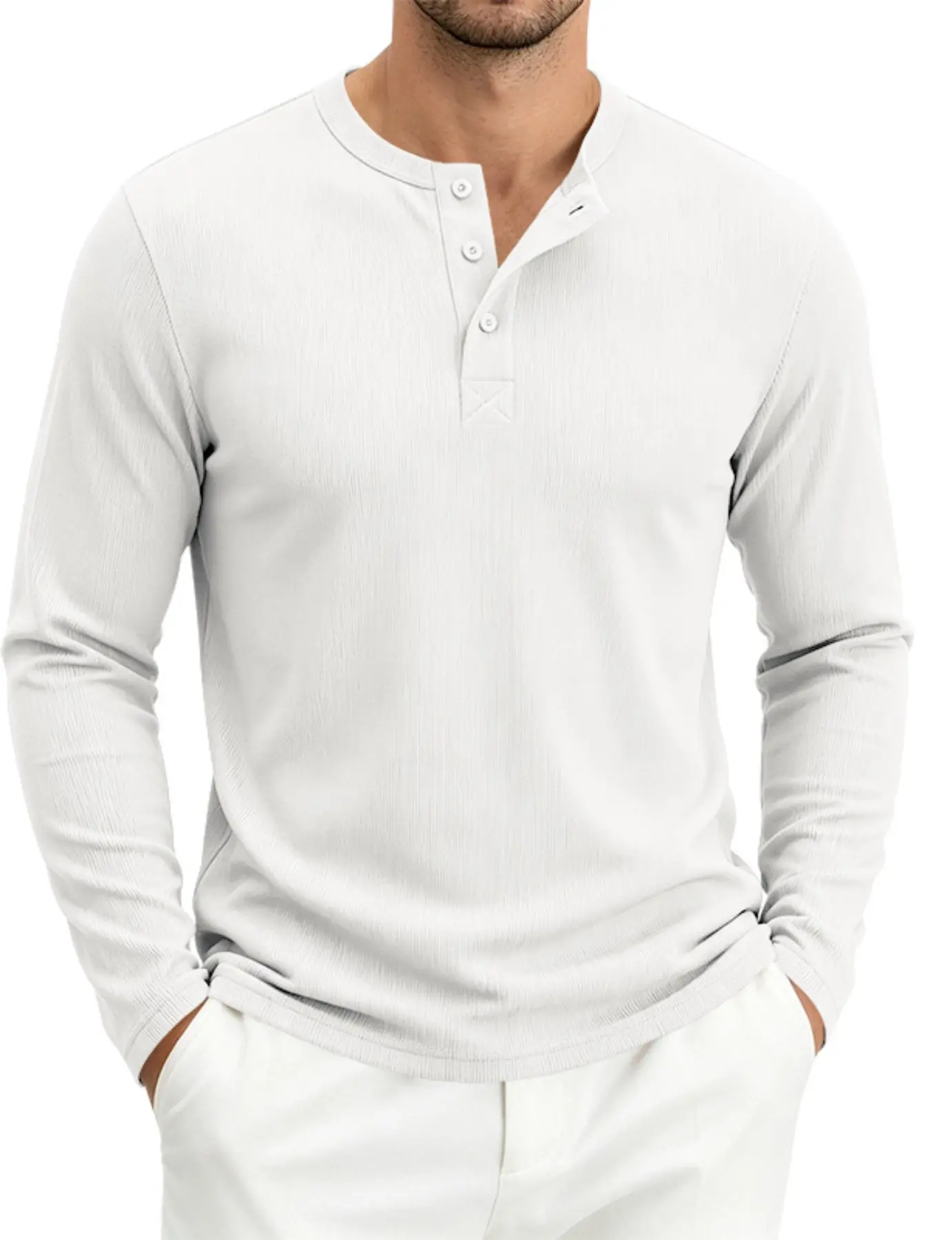 Henry Collar Three-Button Front, Vertical Texture Fabric, Solid Long Sleeve Pullover, Casual Spring/fall Men's Top, Wear Alone or Layered
