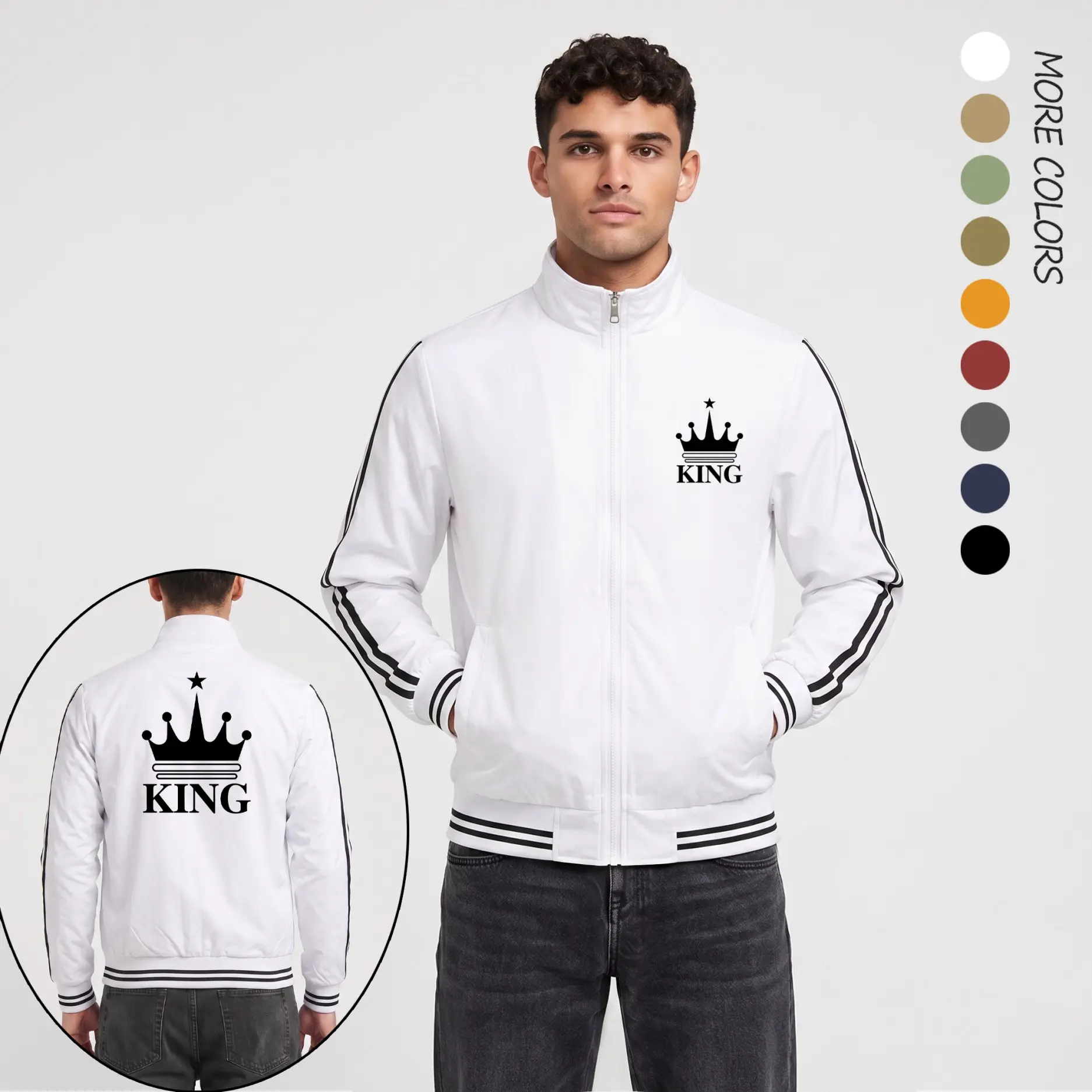 Men’s KING Crown Graphic Print Lightweight Bomber Jacket – Minimal Streetwear Flight Jacket with Royal King Logo, Crown Back Design, Full Zip Closure, Ribbed Hem & Stripe Sleeve Urban Casual Style