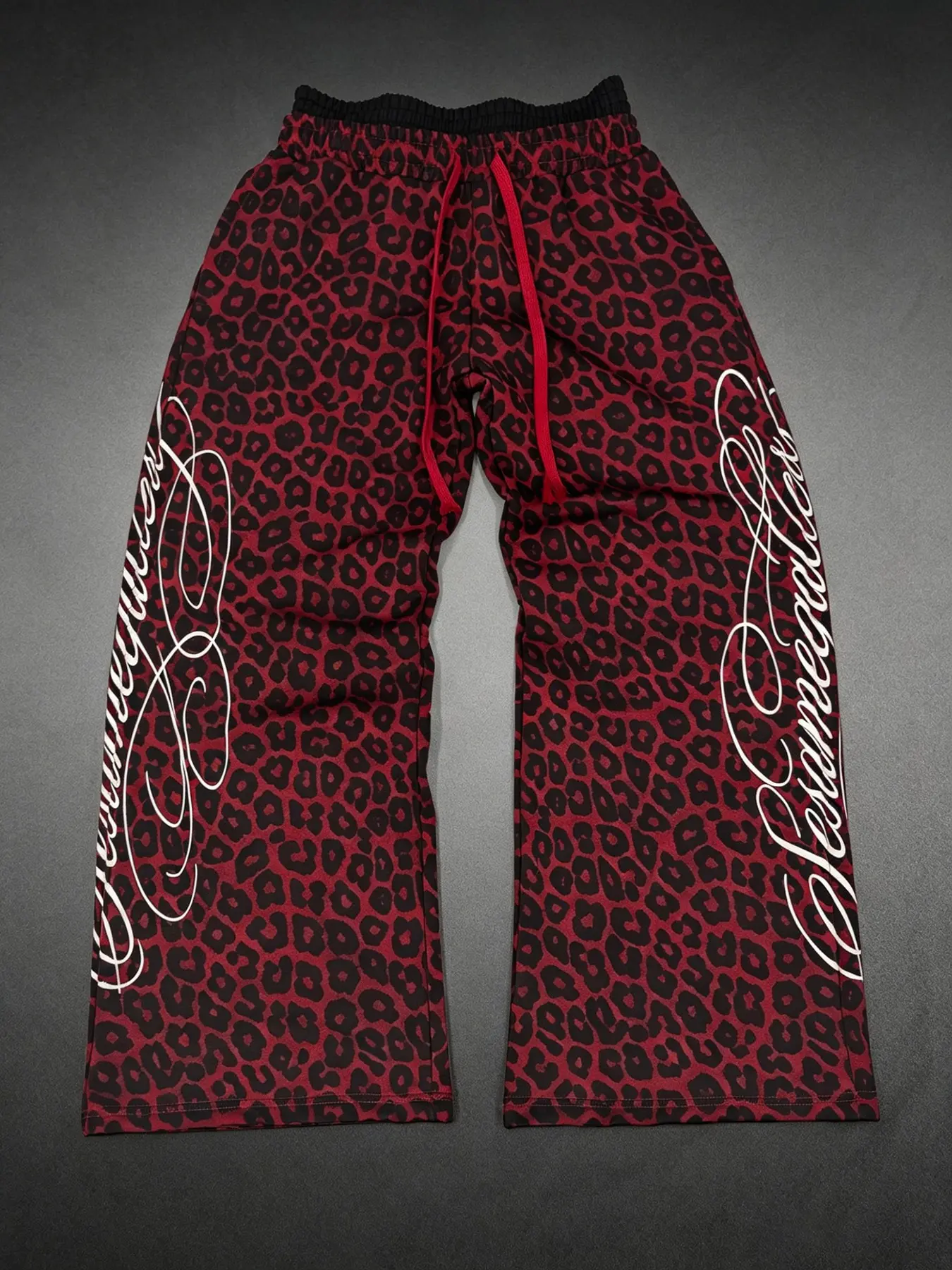 Men's American Script Micro Flare Sports Sweatpants, Leopard Waistband, Loose Wide Leg, Dual Layer Design, Streetwear, Hip Hop Style