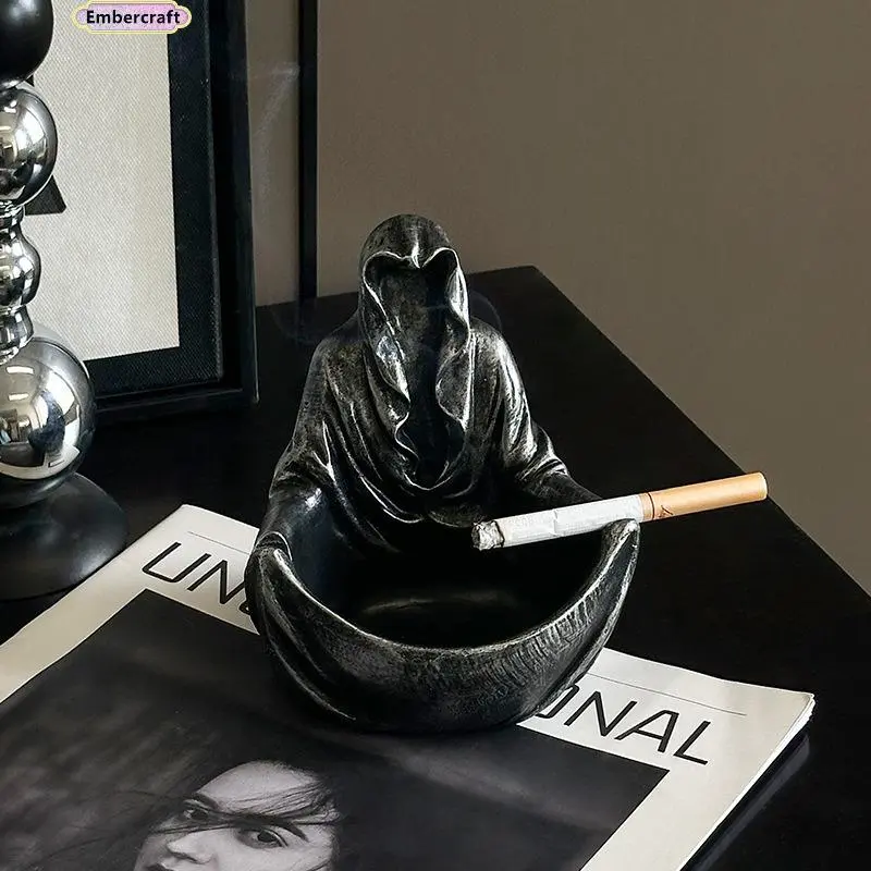 Black Epoxy Resin Ashtray for Men, Sturdy Contemporary Tabletop Decor for Office Desk, Home & Living Room Accessories, Decorative Ornaments, Indoor Home Decoration