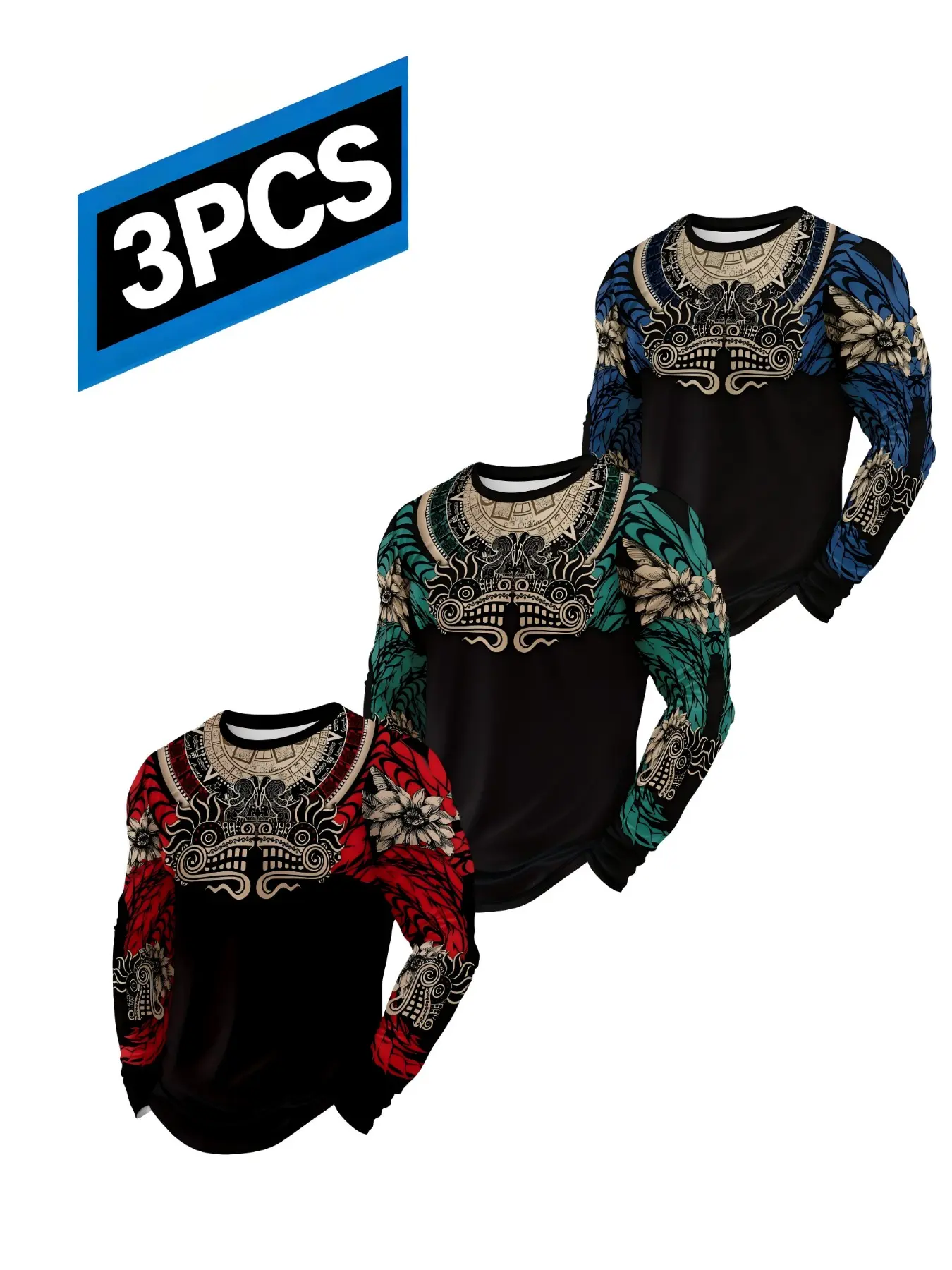 Three-Pack Maya Totem Cultural Ethnic Long Sleeve T-Shirts for Men, Vintage Aztec Print Casual Round Neck Top, Spring & Fall Fashion, Menswear