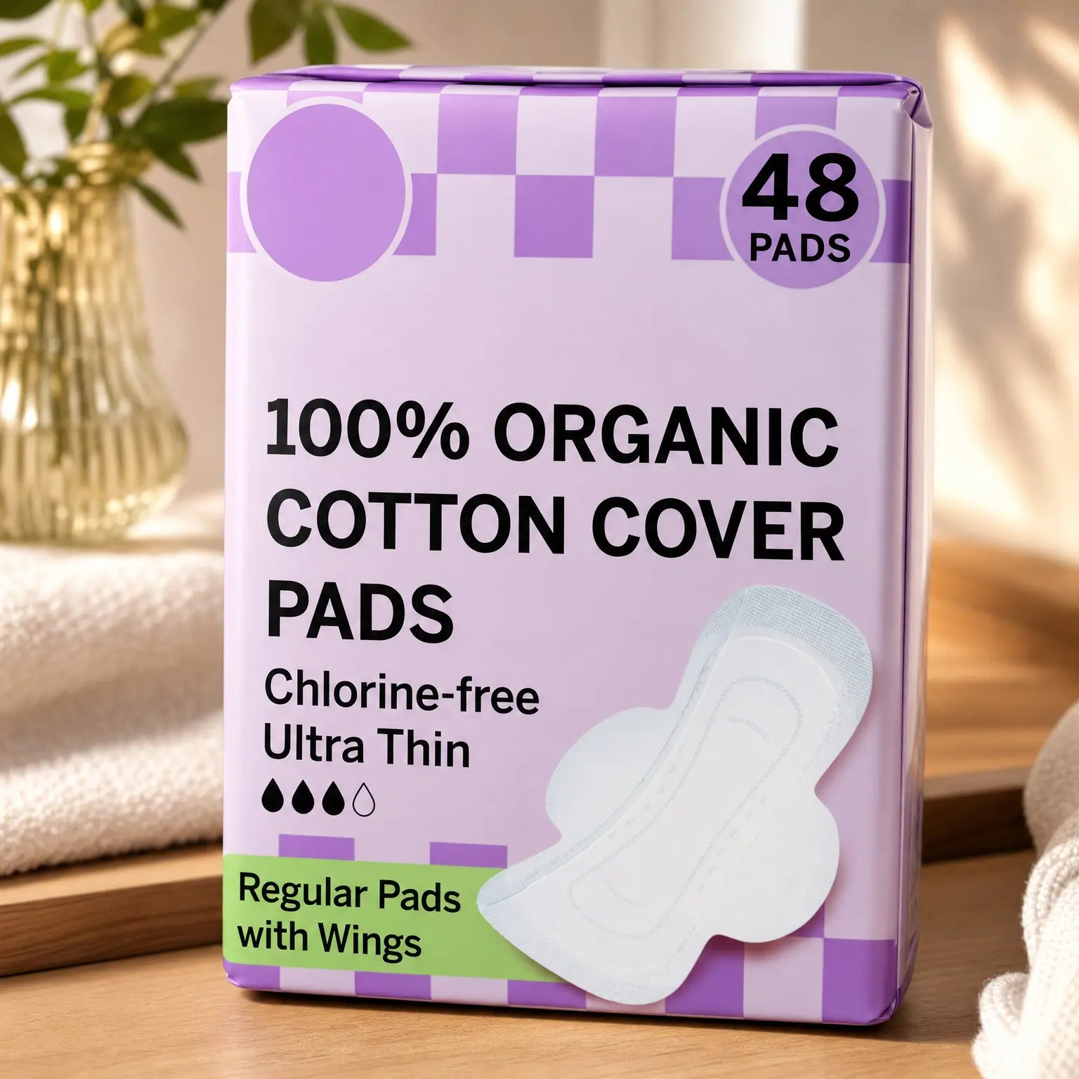 Organic Ultra-Thin Cotton Menstrual Pads with Wings - Leak-Proof & Moisture-Wicking, Compostable & Unscented - Regular Absorbency - FSA Eligible - 48 Count
