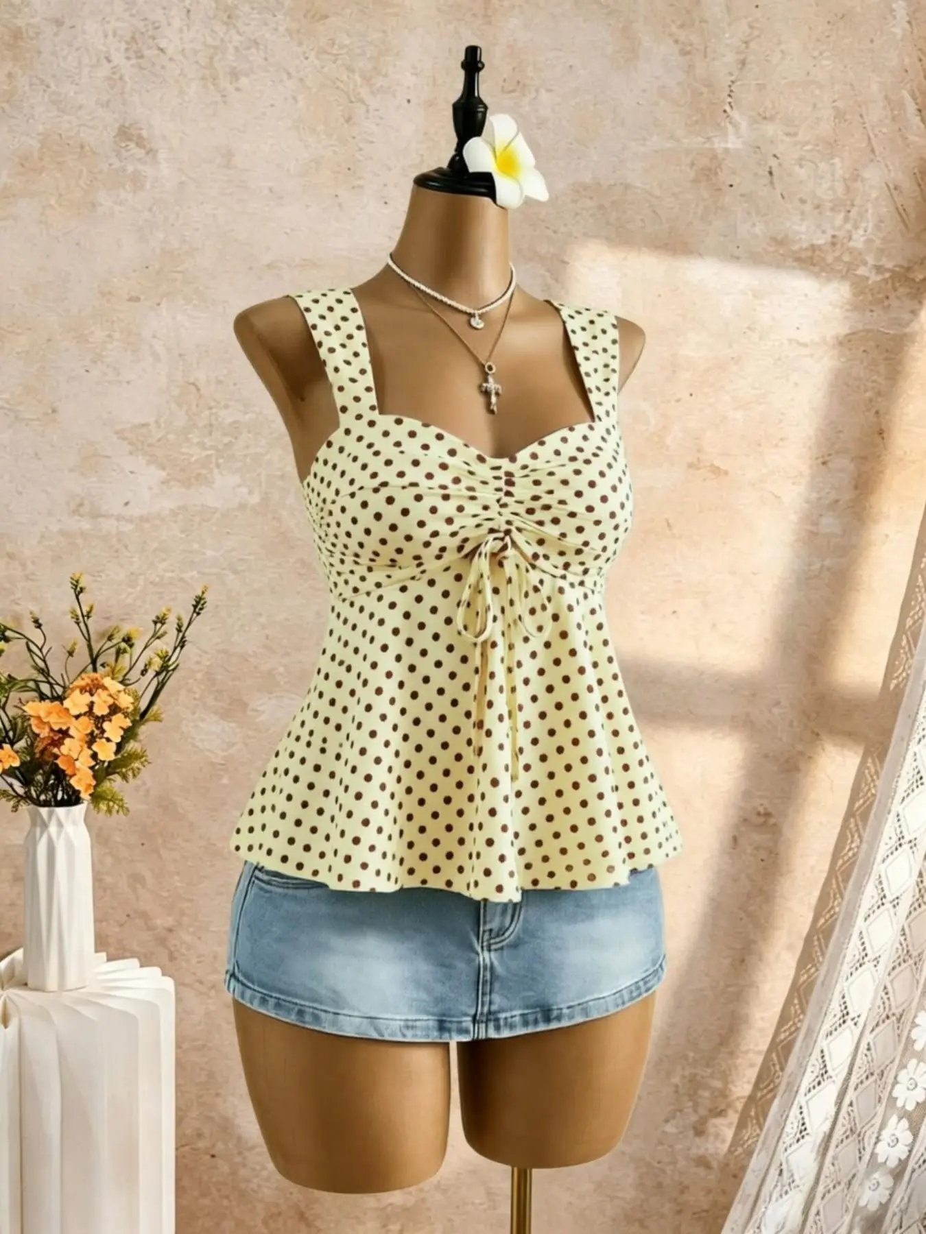 Women's Ruched Drawstring Halter Top, Sweet Heart Shape Wide Straps, Flowy Ruffle Short Sleeve, Vintage Summer Y2K Beachwear