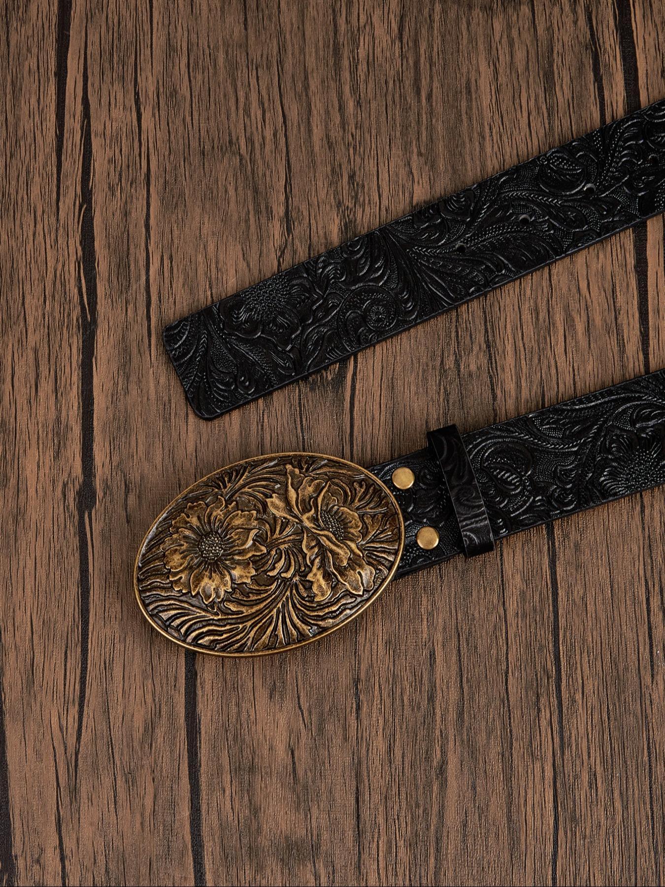 Women's Vintage Flower Embossed PU Buckle Belt, Fashion Belts, Western Style Belt for Daily Clothing Decor, Trendy All-match & Exquisite Belt for Birthday Gift, Cowboy Belt, Cowgirl Belt