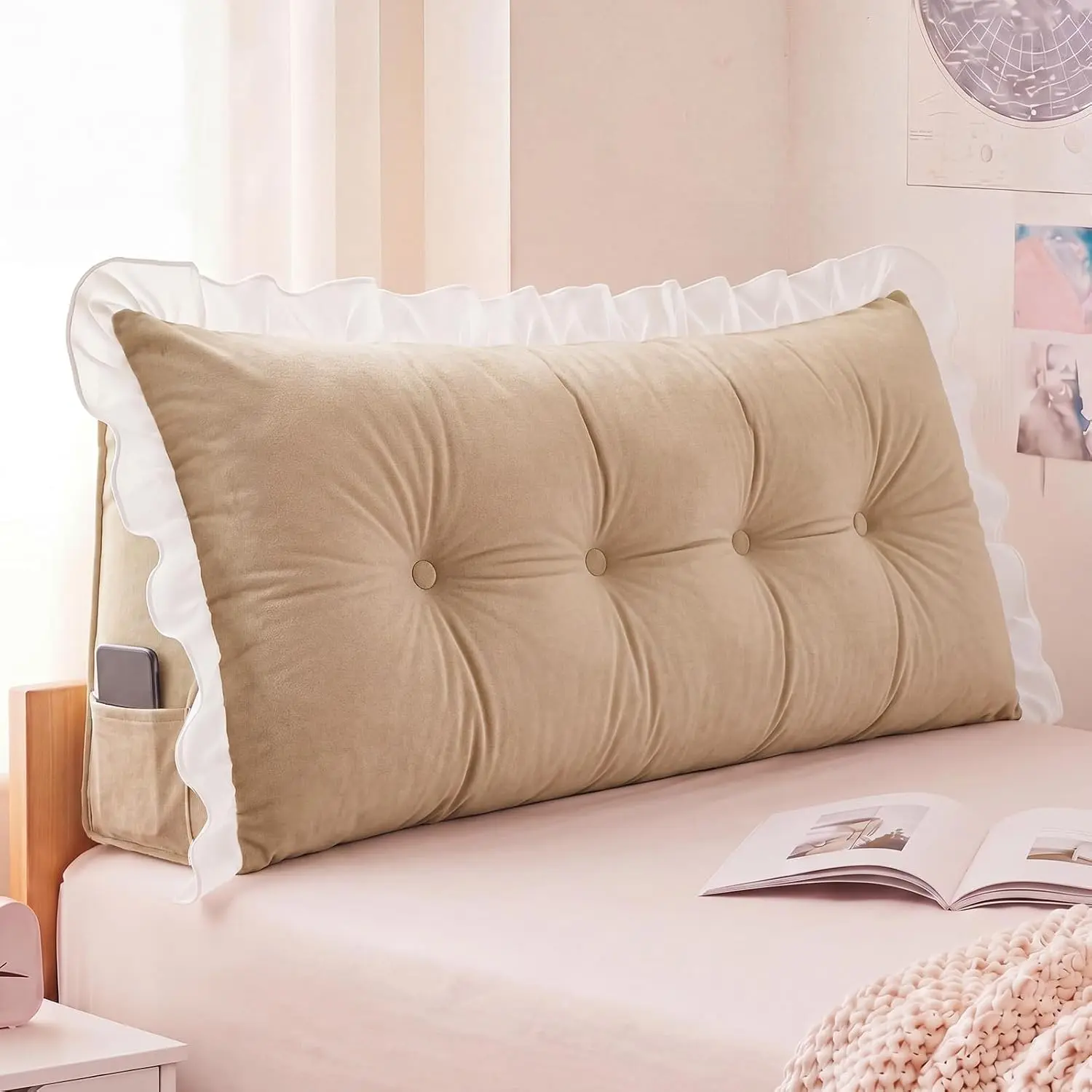 39 in Ruffle Headboard Pillow for Dorm Twin XL College Bed Reading Bolster Dorm Velvet Triangular Bed Backrest Pillow Cushion for College Reading(Warm White)