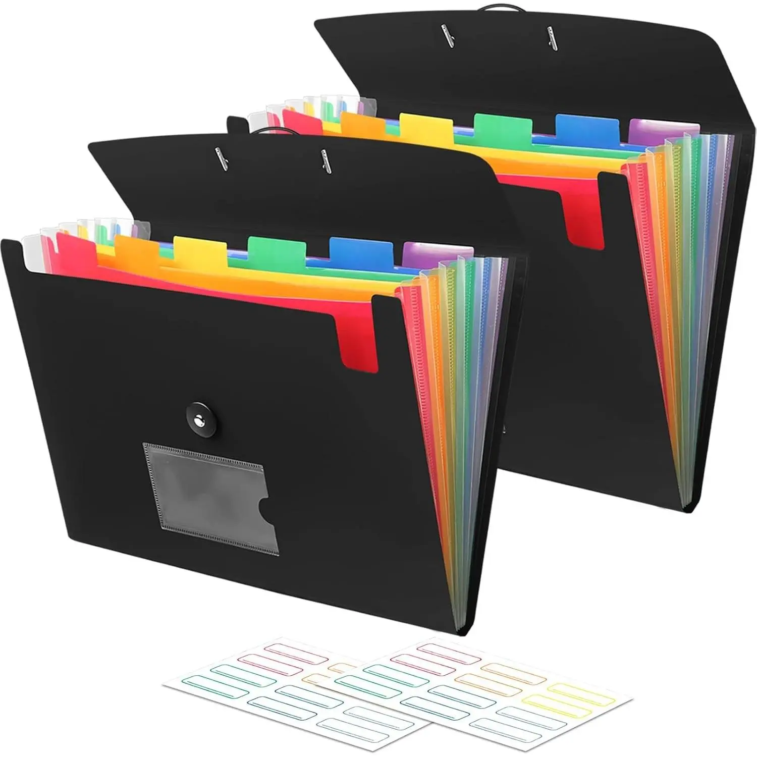 Accordian File Organizer 7 Pocket Expanding File Folder with Labels, Plastic Expandable File Folder for Documents Letter Size A4 Papers - 2-Pack Black