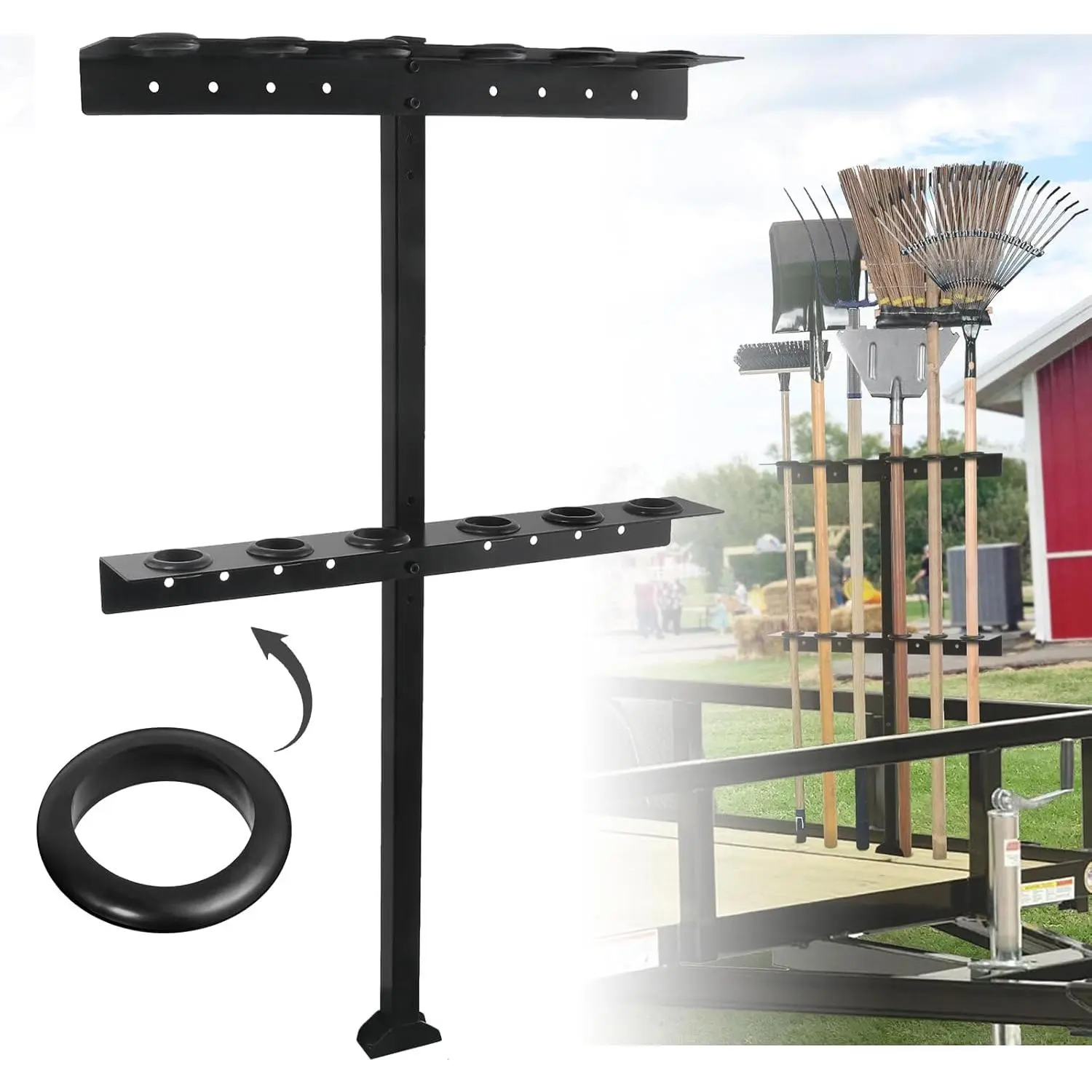 Trailer Tool Rack Shovel Holder - Shovel Rack for Trailer with 6 Tool Holes with Rubber Grommets, Classical Black