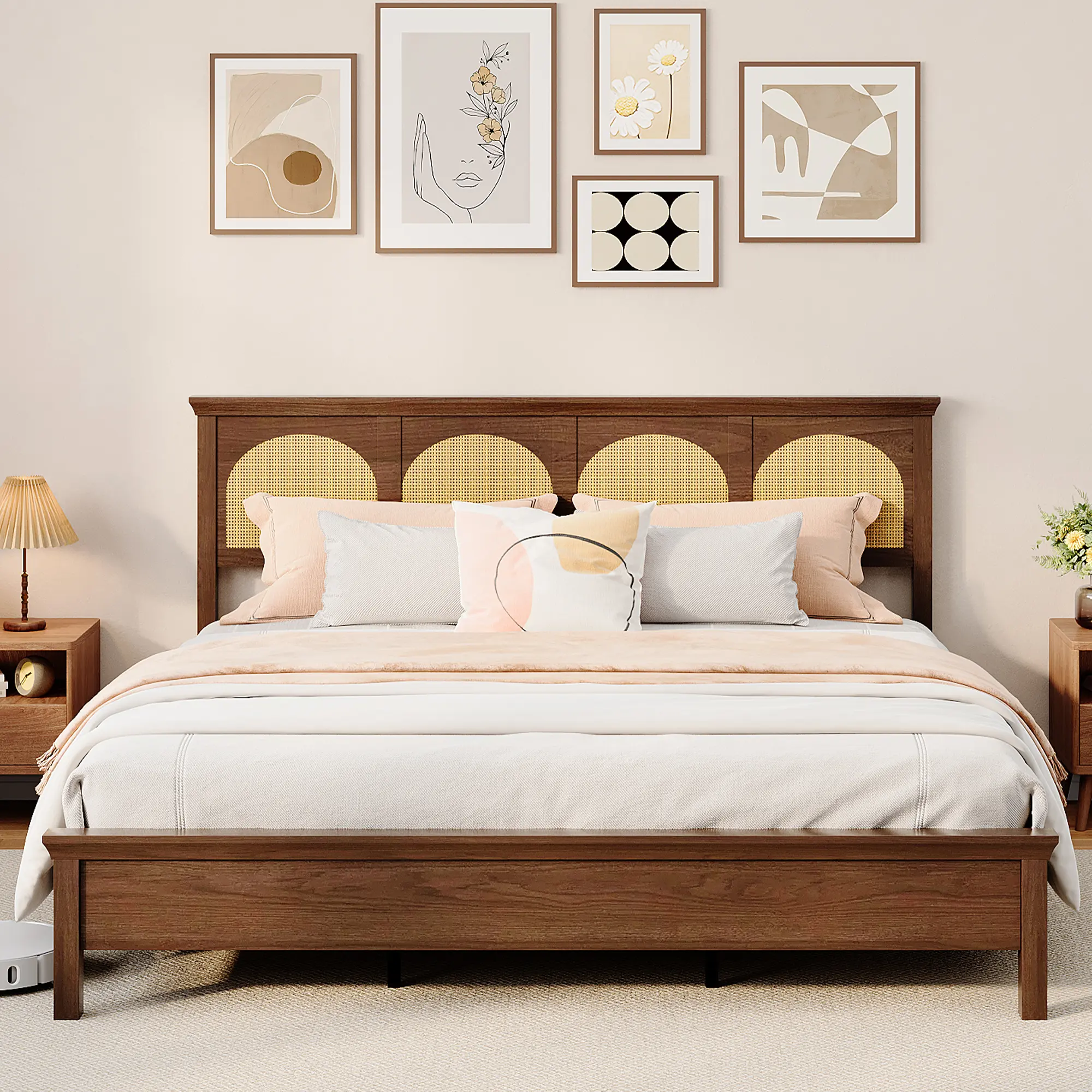 Boho King Bed Frame with Woven Rattan Headboard – Rustic Acacia Wood Platform, Vintage Design, Sturdy Slats – No Box Spring – Easy Assembly, Ships in 2 Boxes