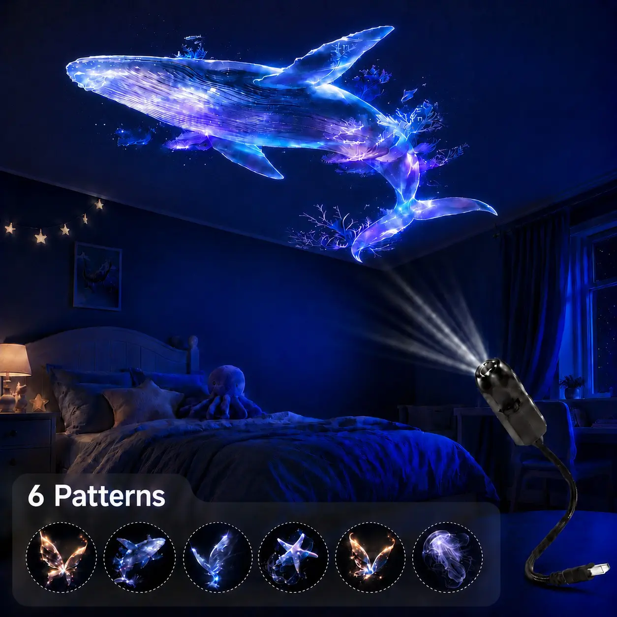 Ocean LED Mini Projector Lamp, USB 360° Adjustable Projection Light with 6PCS Pattern Discs, Whale, Jellyfish, Starfish & Butterfly Ceiling Decor, Bedroom Atmosphere Night Light