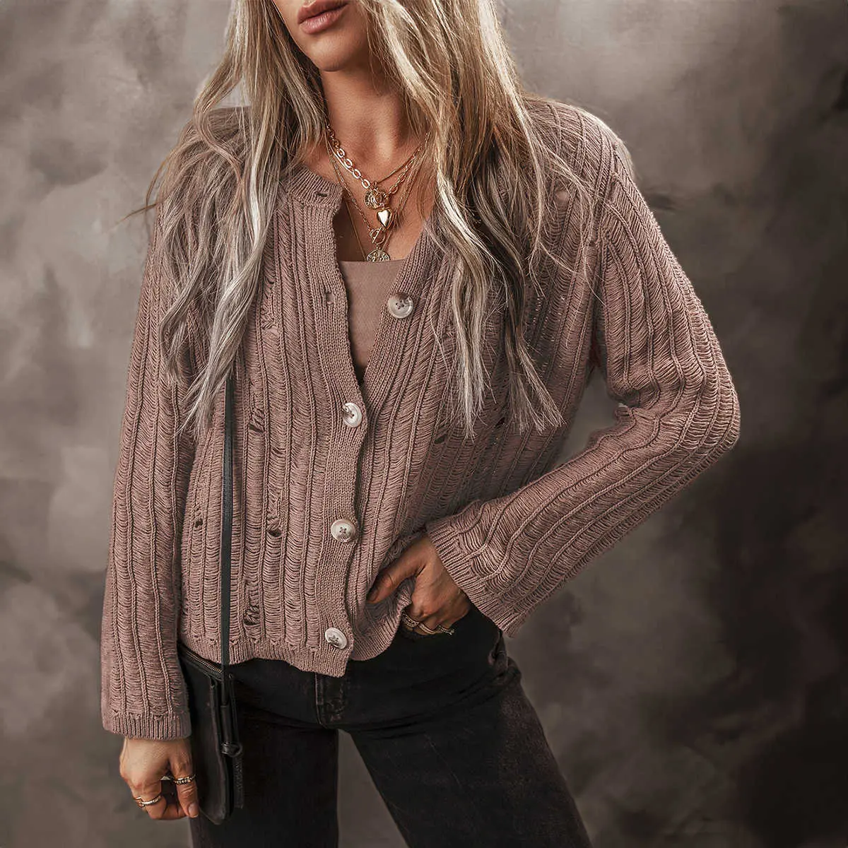 Women's Chic Long Sleeve Cotton Fabric Goat Cut-Out Textured Knit Buttoned Cardigan, Stylish Everyday Top, Style, Vest, Knitwear