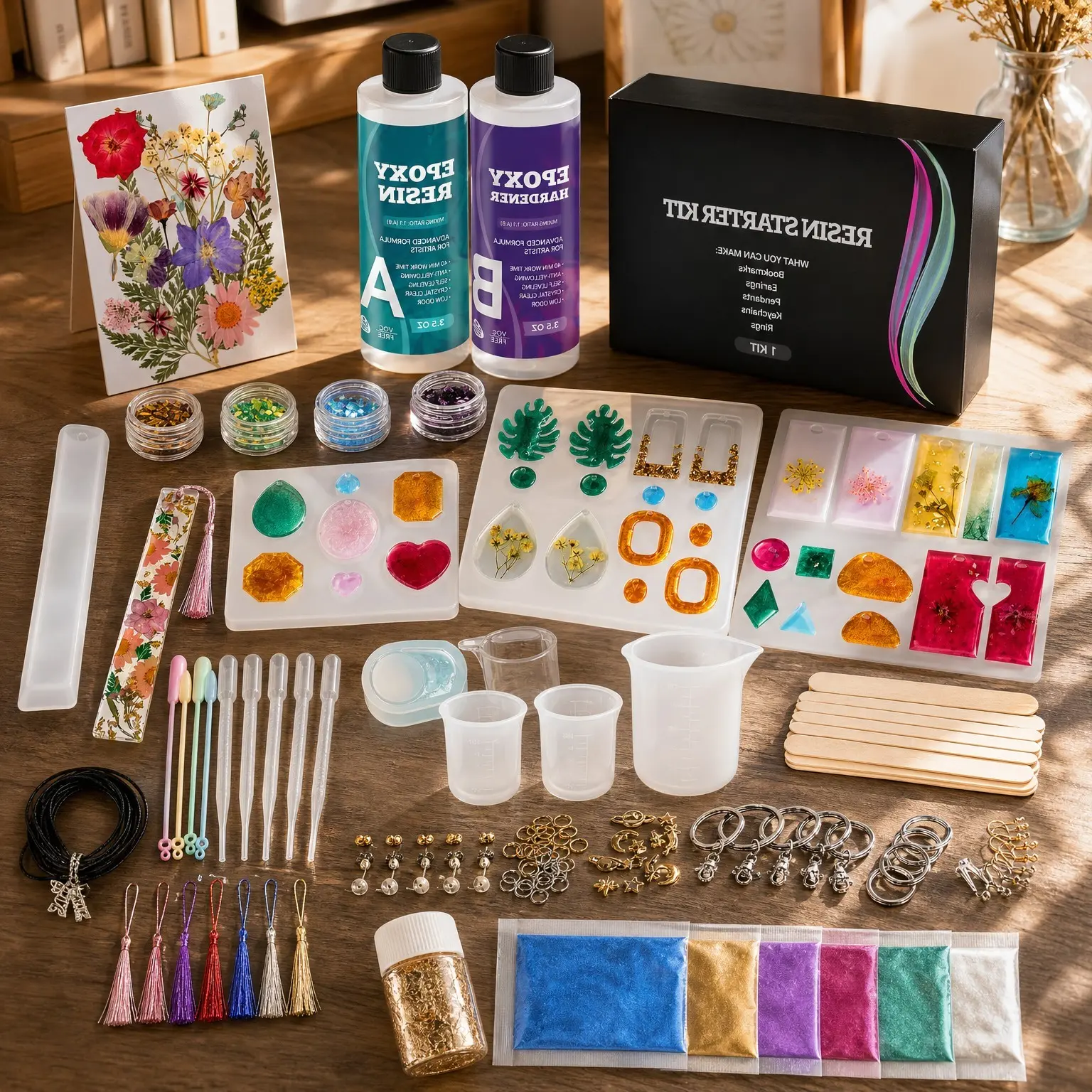 Epoxy Resin Kit for Beginners – 208-Piece Jewelry Making & Craft Kit with Molds, Dried Flowers, Glitter & Tools – Complete Starter Set for Keychains, Bookmarks, Pendants & DIY Resin Art