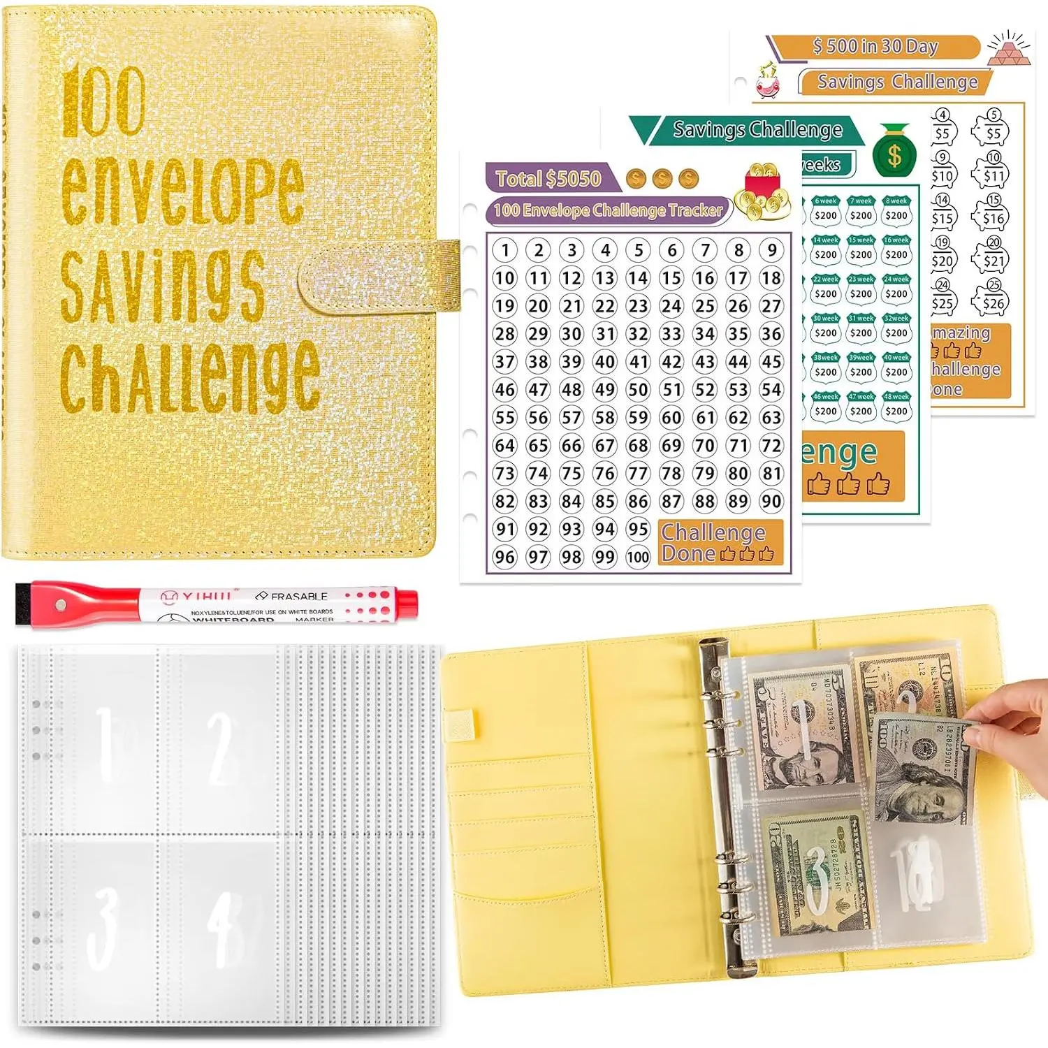 Budget Binder - Saving  with  Envelopes - Motivational $5050 , Pre-numbered 100 Pocket A5 Binder Yellow