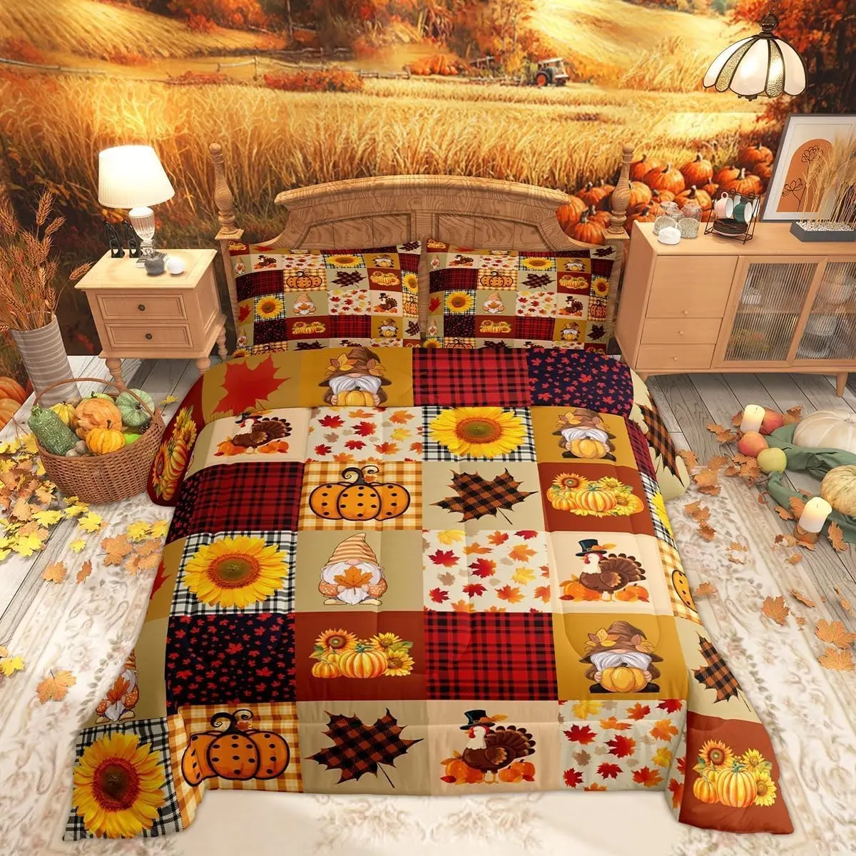 3pcs Autumn Pumpkin Grid Bedding Set, Rural Farmhouse Maple Sunflower Bed Linen, Thanksgiving Turkey Quilt Set, Vintage Quilt, Comfy Bedding Set