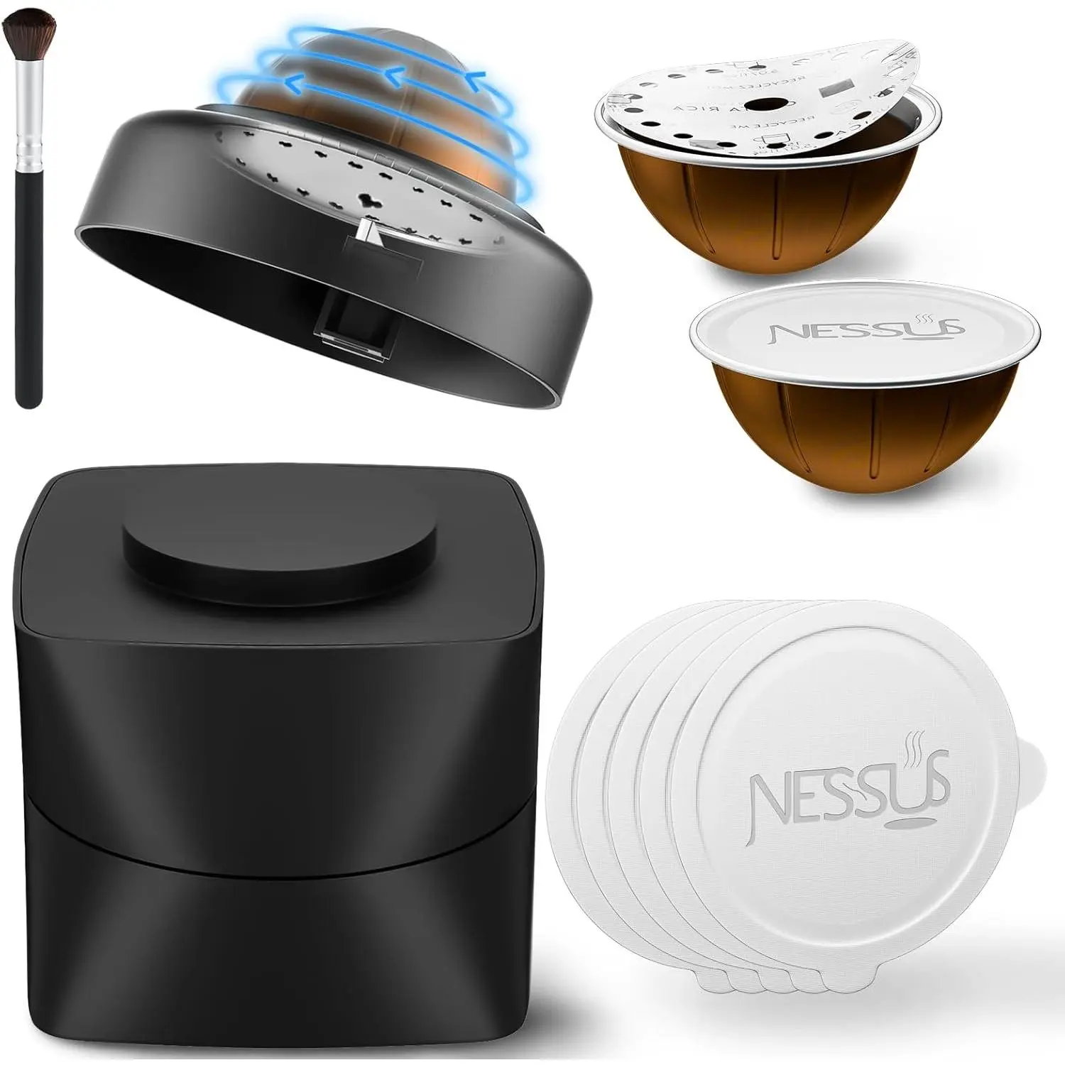 NESSUS Refill Kit for Reusable Nespresso Vertuo Pods, Lid Easy Remover for Original Seal, 100PCS Aluminum Foil Lids, Tamp & Press Refillable Vertuo Capsules Holder and Brush