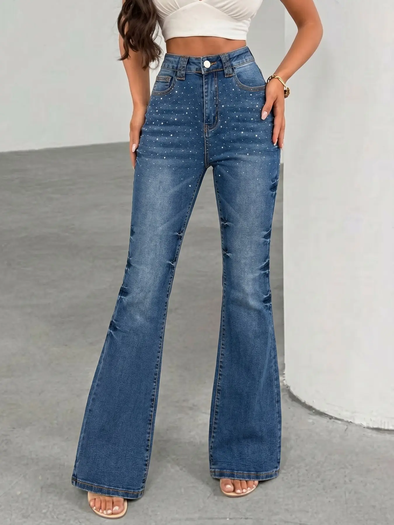 Women's Denim Jeans with Rhinestones, Vintage Washed Blue Elastic Slim Fit, Button Fly, Long Trousers for All Seasons