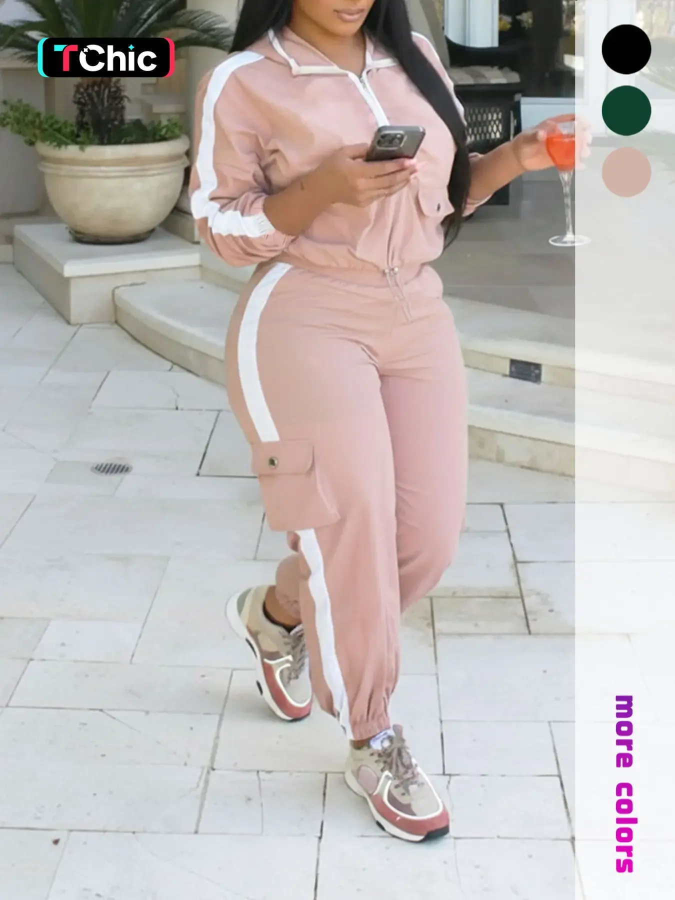 Women's Two-Piece Workwear Sport Set, Long Sleeve Zipper Windbreaker Jacket, High Waist Multi-Pocket Cargo Pants, Colorblock Design, Matching Tracksuits