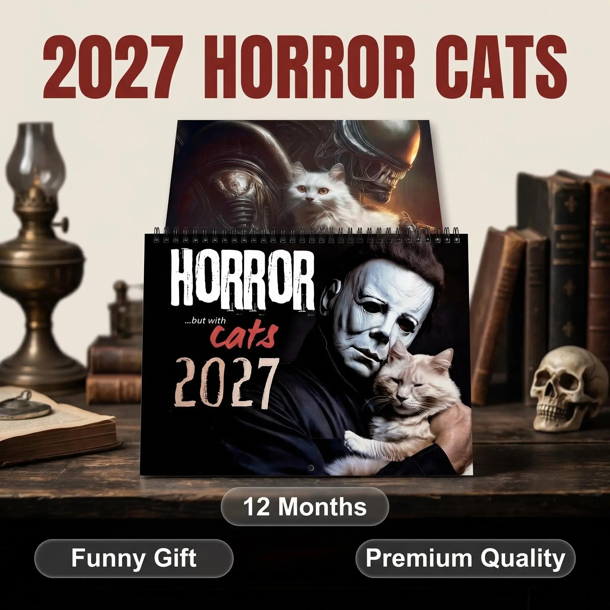 2027 Horror Movie Theme Cat Calendar Design, 12-Month Monthly Planner, Halloween Atmosphere Desk Decor, Unique Gift for Cat Lovers and Horror Fans