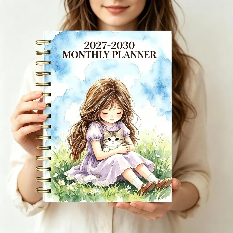 2027-2030 Monthly Planner, Spiral Bound - A5 Size Watercolor Cats and Girls, 124-Page Thick Paper Diary, Perfect for Journaling, Bullet Journals, Planning Layouts, Portable Compact Notebook